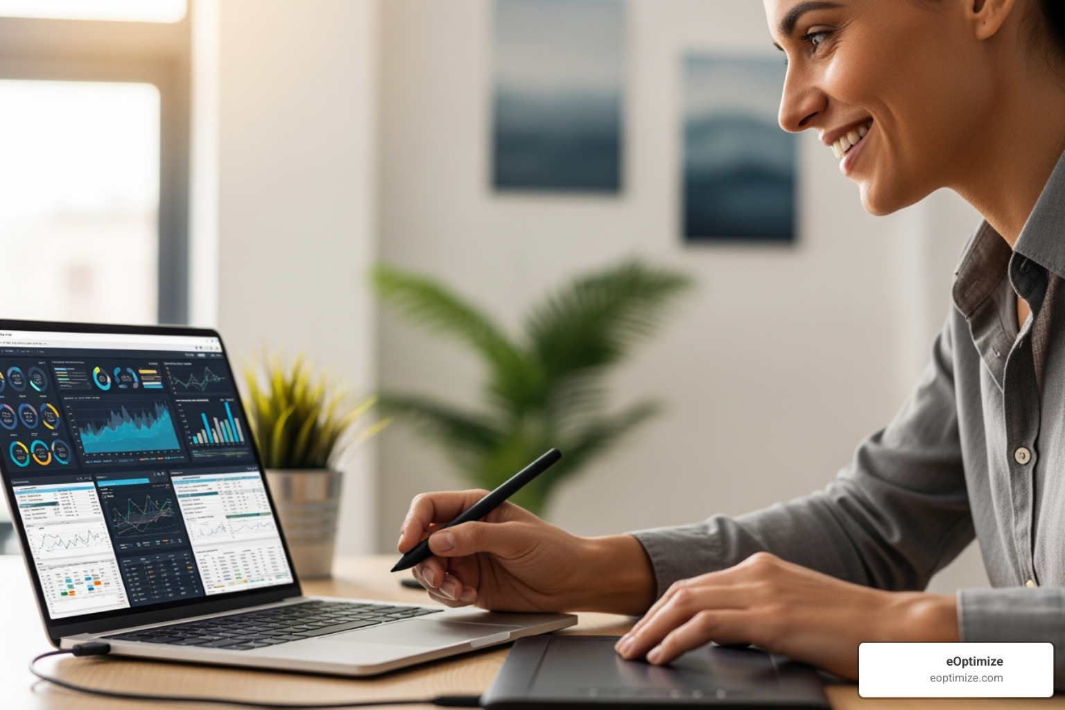 person analyzing data on a laptop and smiling - Marketing ROI improvement