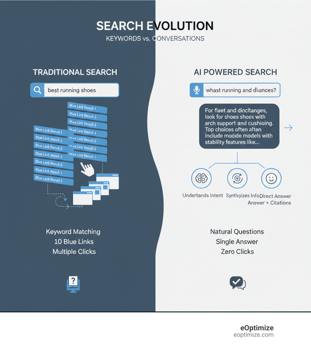 Infographic comparing traditional keyword search versus AI powered search: Traditional search shows a user typing keywords like "best running shoes", receiving a list of 10 blue links ranked by keyword matching and backlinks, requiring the user to click multiple pages to find answers. AI powered search shows a user asking a natural question like "what running shoes are best for flat feet and long distances?", with AI understanding intent and context, synthesizing information from multiple sources, and delivering a direct conversational answer with citations, all without requiring multiple clicks. - AI powered search infographic 