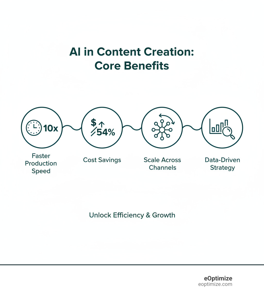 Infographic showing the core benefits of AI in content creation: 10x faster production speed, 54% cost savings for businesses using generative AI, ability to scale content across multiple channels without proportional increase in resources, and data-driven insights from analyzing performance metrics to continuously improve content strategy - AI driven content infographic 