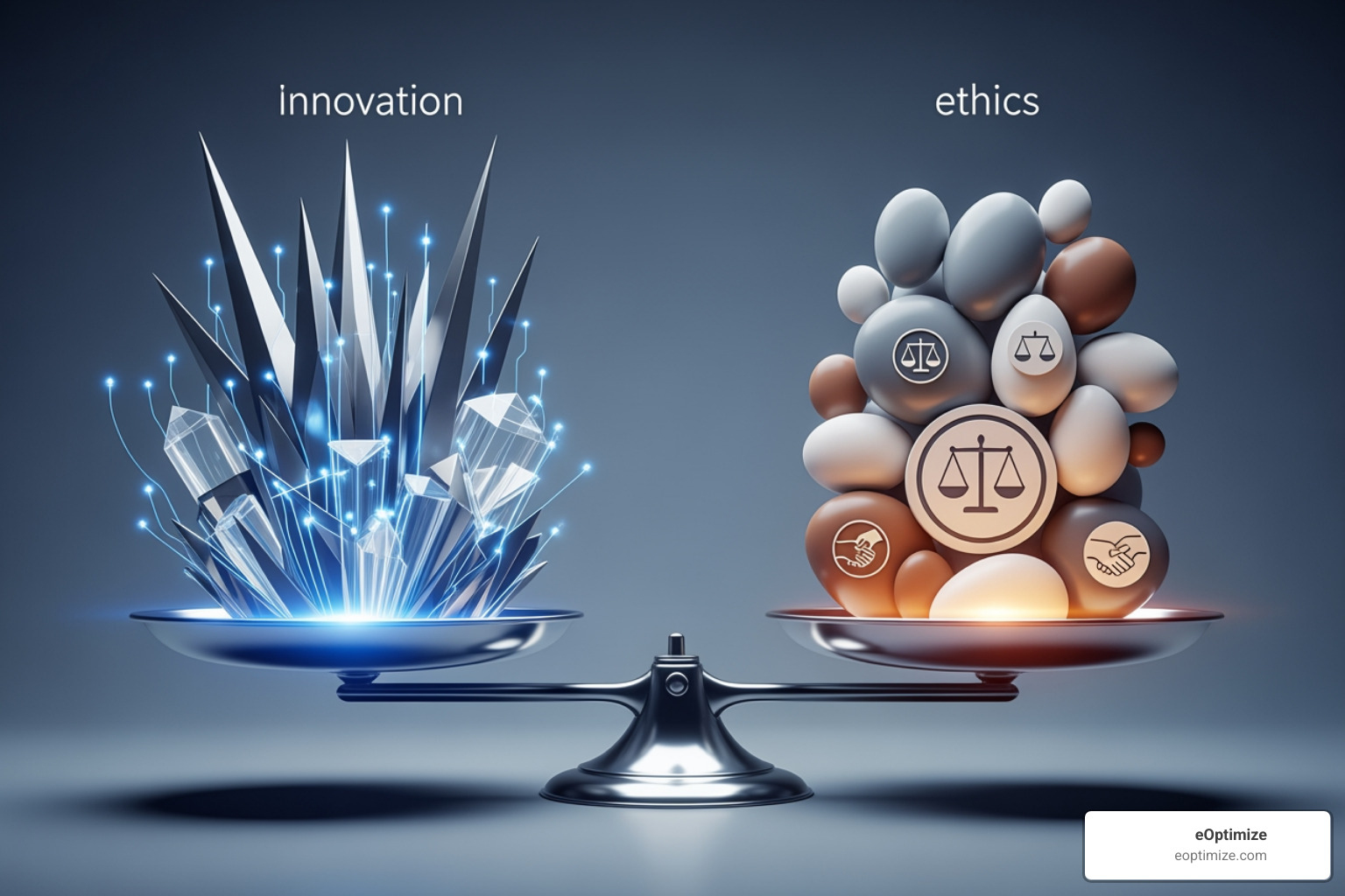 Balanced scale with "Innovation" on one side and "Ethics" on the other - AI powered search