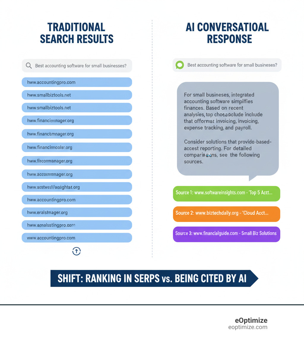 Infographic showing traditional search results with 10 blue links on the left, and a ChatGPT response with a conversational answer and 3-4 cited sources on the right, highlighting the difference between ranking in SERPs versus being cited by AI - ChatGPT search optimization infographic 