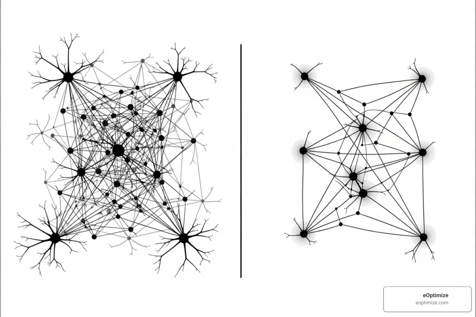 Comparison of a dense neural network versus a pruned neural network, highlighting the removal of unnecessary connections and nodes - AI optimization techniques Comparison of a dense neural network versus a pruned neural network, highlighting the removal of unnecessary connections and nodes - AI optimization techniques