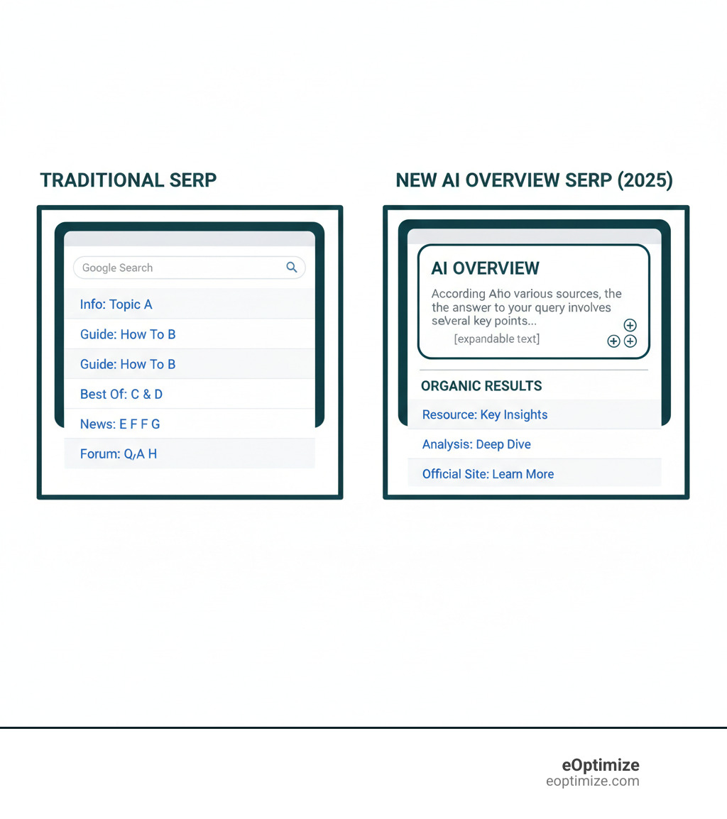 Infographic comparing a traditional Google search results page with multiple blue links to a new SERP featuring an AI Overview box at the top with expandable citations, followed by organic results below - Google AIO ranking infographic 