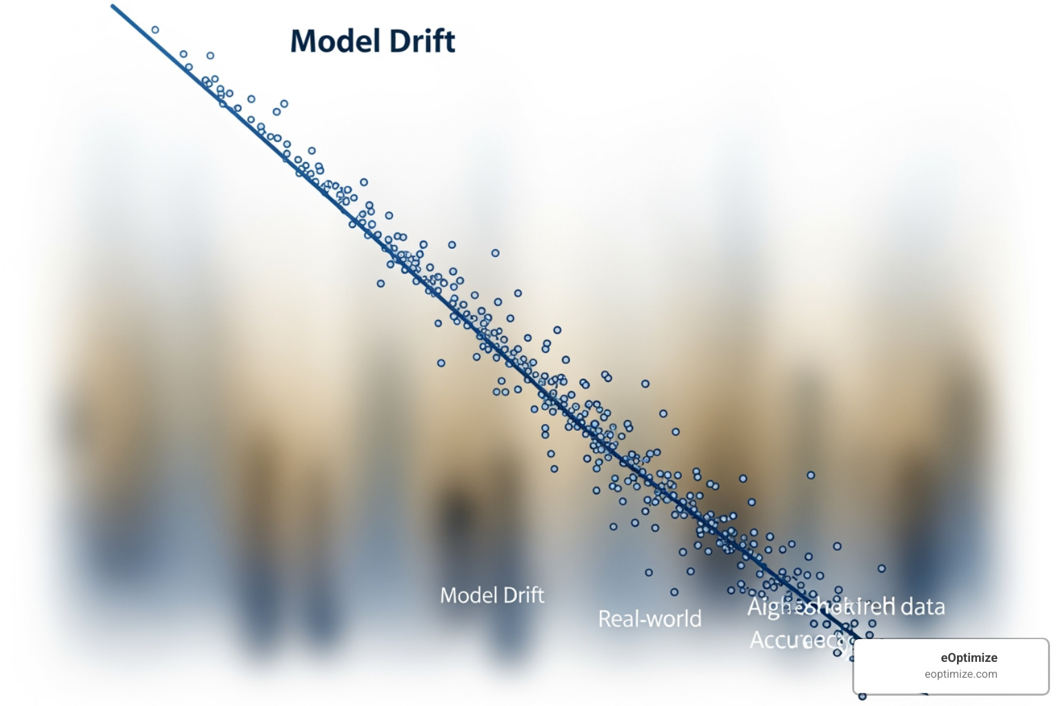 Illustration of model drift showing a decline in model accuracy over time as real-world data changes - AI optimization techniques Illustration of model drift showing a decline in model accuracy over time as real-world data changes - AI optimization techniques