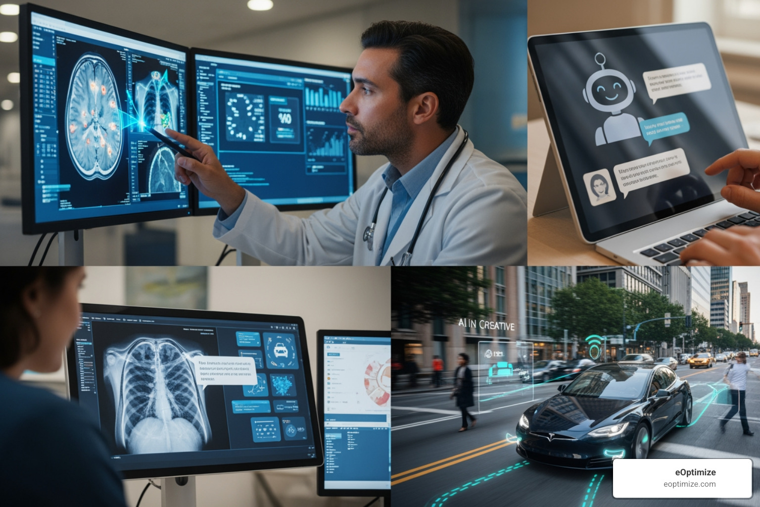 Image of diverse industry applications like medical diagnostics involving imaging and notes, automated customer service chatbots, autonomous vehicles processing sensor data, and creative content generation. - LLM & Foundational Model Optimization