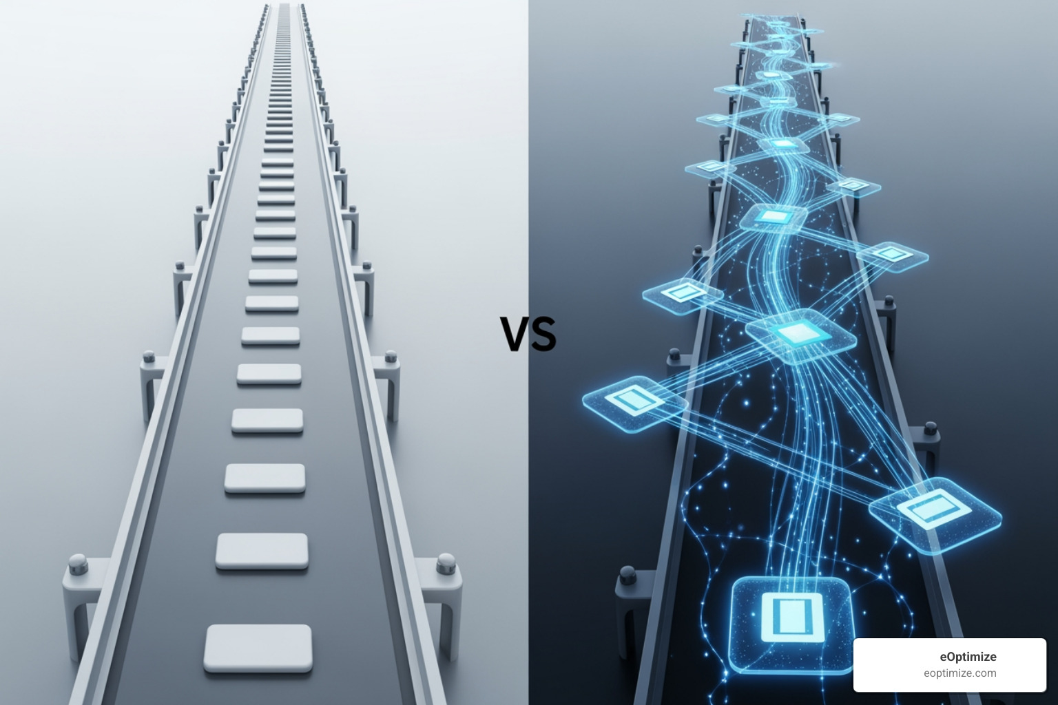 Image comparing a rigid, linear traditional pipeline with a dynamic, intelligent AI pipeline - AI content ingestion