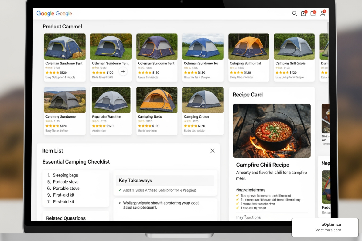 Different SGE content modules like product carousels, lists, and recipe cards - Google SGE SEO