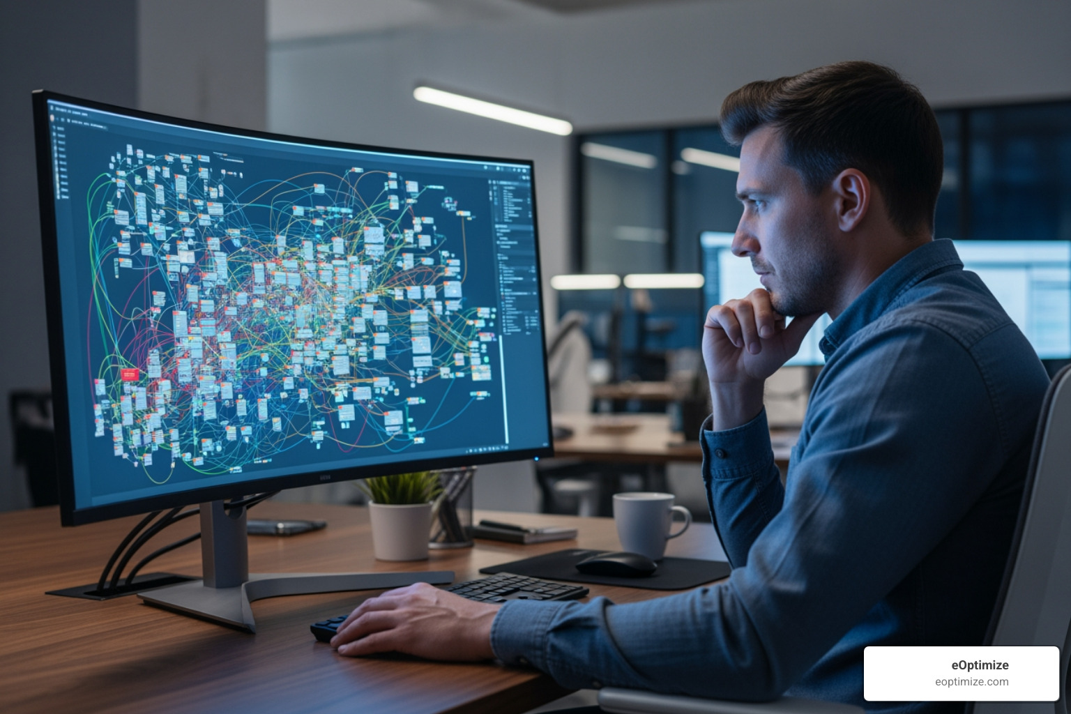 Image of a developer troubleshooting a complex, tangled data flow diagram - AI content ingestion