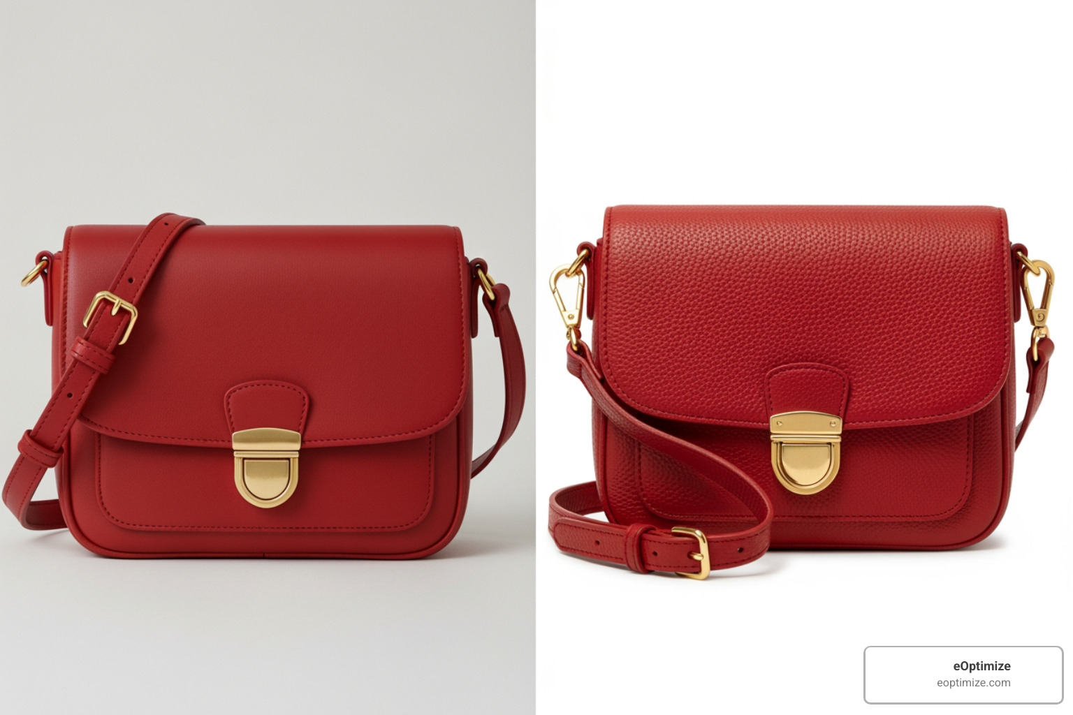 Image comparing a product photo of a red handbag with bad alt text ("bag") versus good alt text ("Red leather crossbody bag with gold clasp on white background"). - image alt text optimization