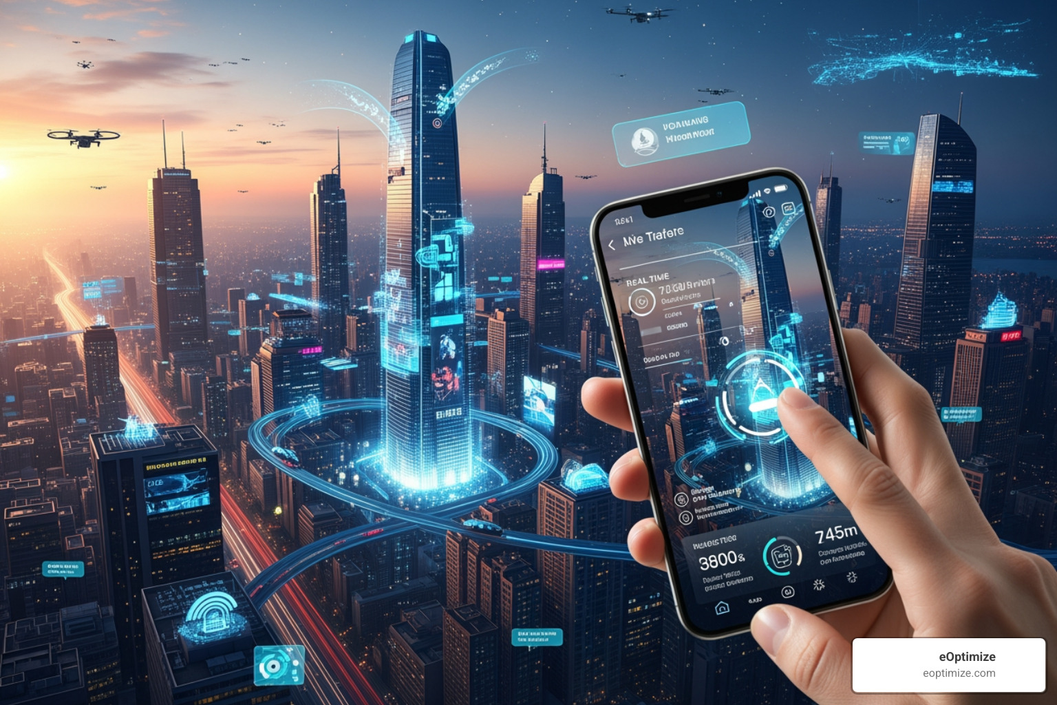 a futuristic city with augmented reality overlays being accessed by a smartphone. - mobile visual search