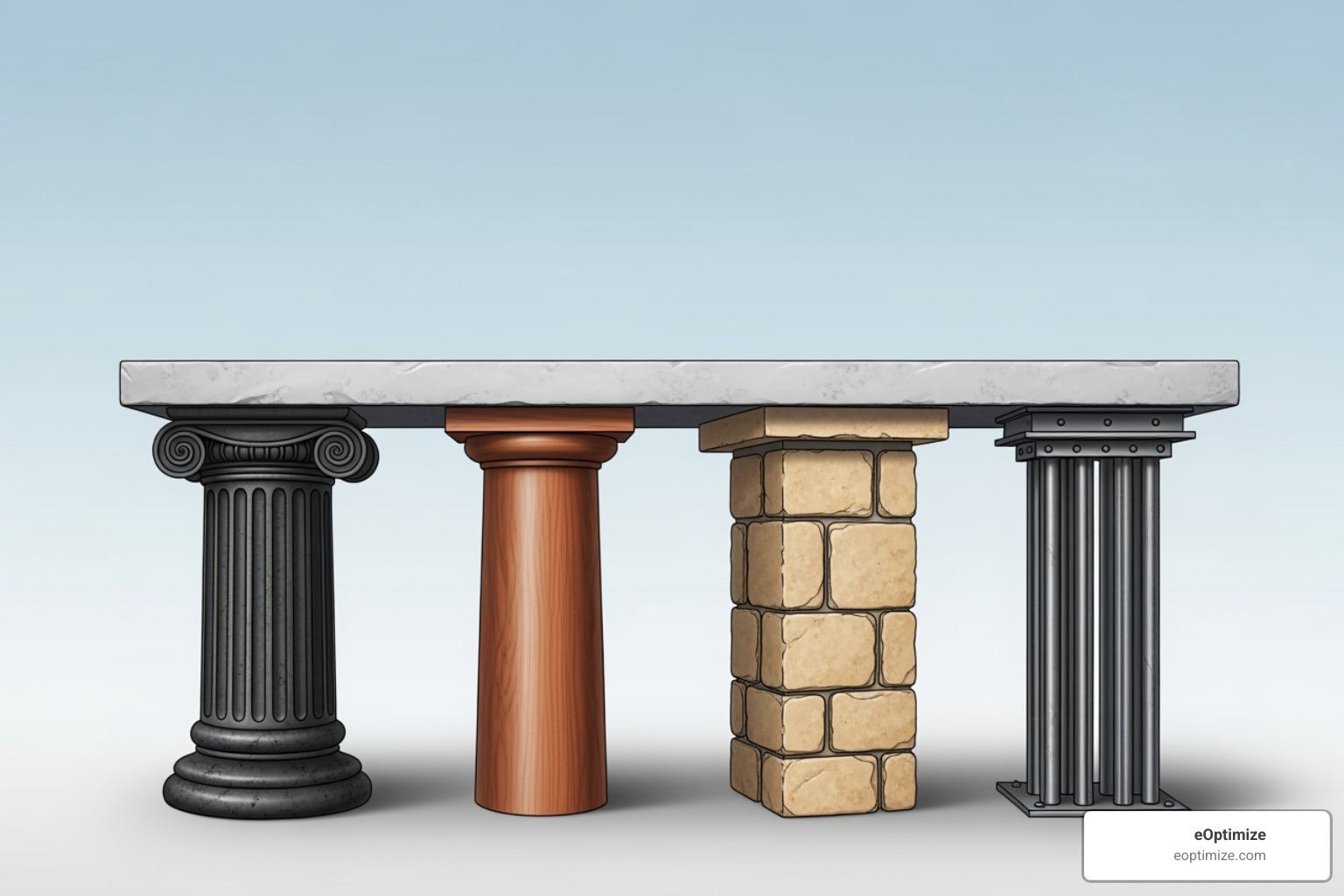 Illustration of four pillars supporting a structure labeled 'AI-Ready Content', with each pillar representing a concept like 'Relevance', 'Authority', 'Clarity', and 'Freshness' - LLM content optimization Illustration of four pillars supporting a structure labeled 'AI-Ready Content', with each pillar representing a concept like 'Relevance', 'Authority', 'Clarity', and 'Freshness' - LLM content optimization