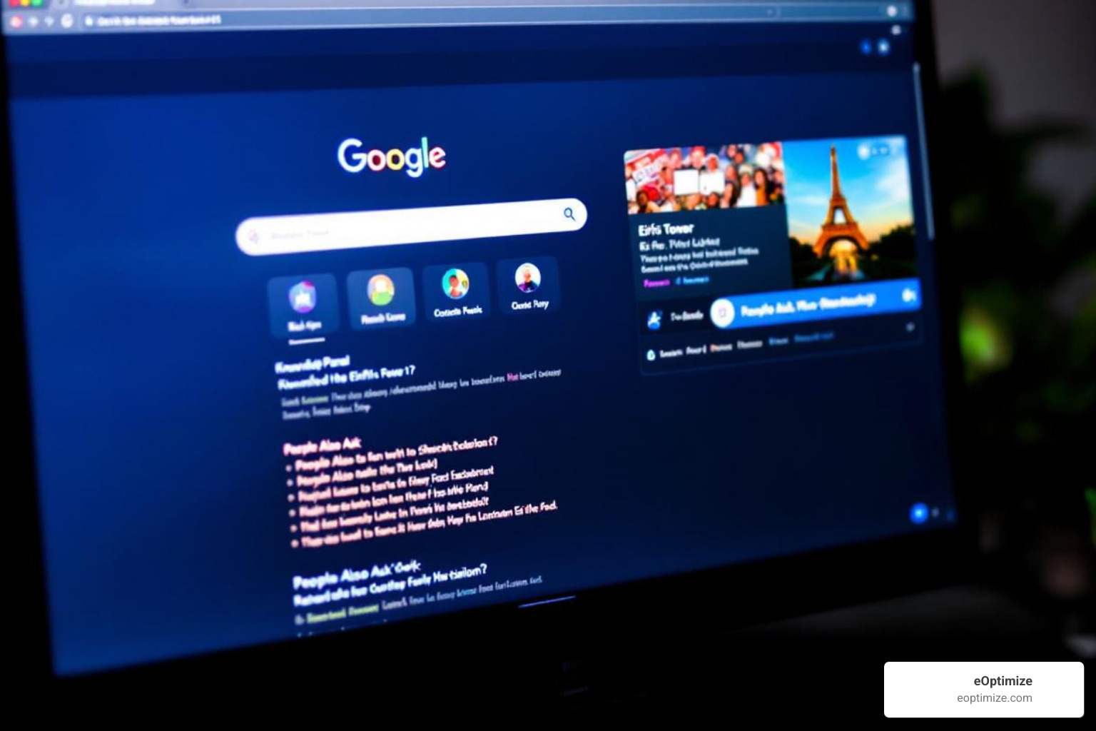 Google SERP showing a Knowledge Panel for "Eiffel Tower" and a "People Also Ask" box with related questions - entity SEO optimization