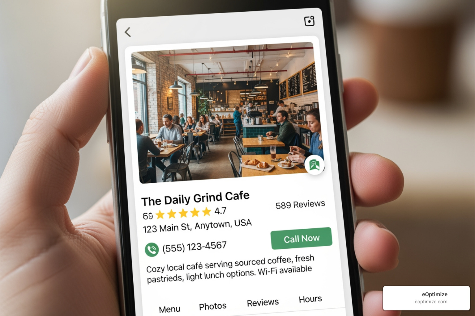 Image of a business profile on a smartphone screen - Hyperlocal marketing strategy Image of a business profile on a smartphone screen - Hyperlocal marketing strategy
