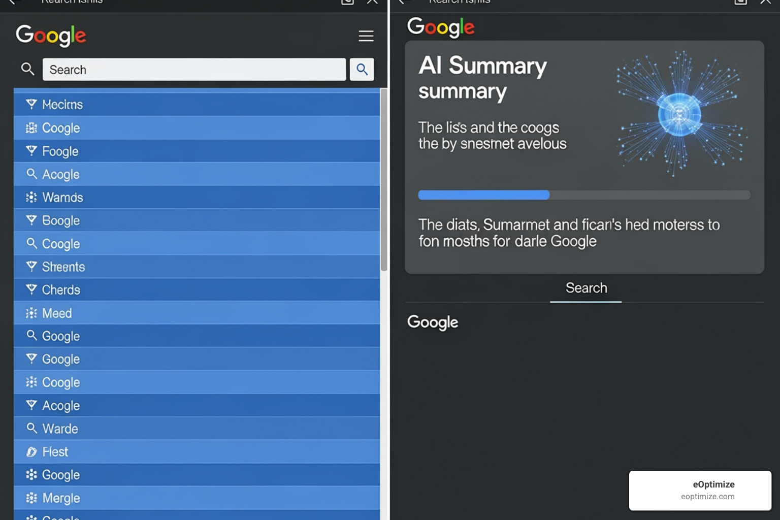 Image comparing a traditional SERP with a SERP featuring an AI Overview - how to optimize for google ai overview