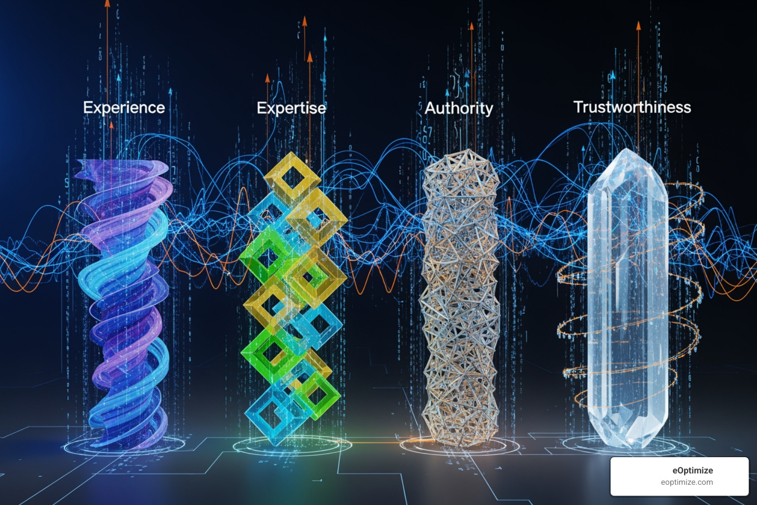 Four pillars of E-E-A-T being processed by an algorithm - AI Ranking & Trust Signals