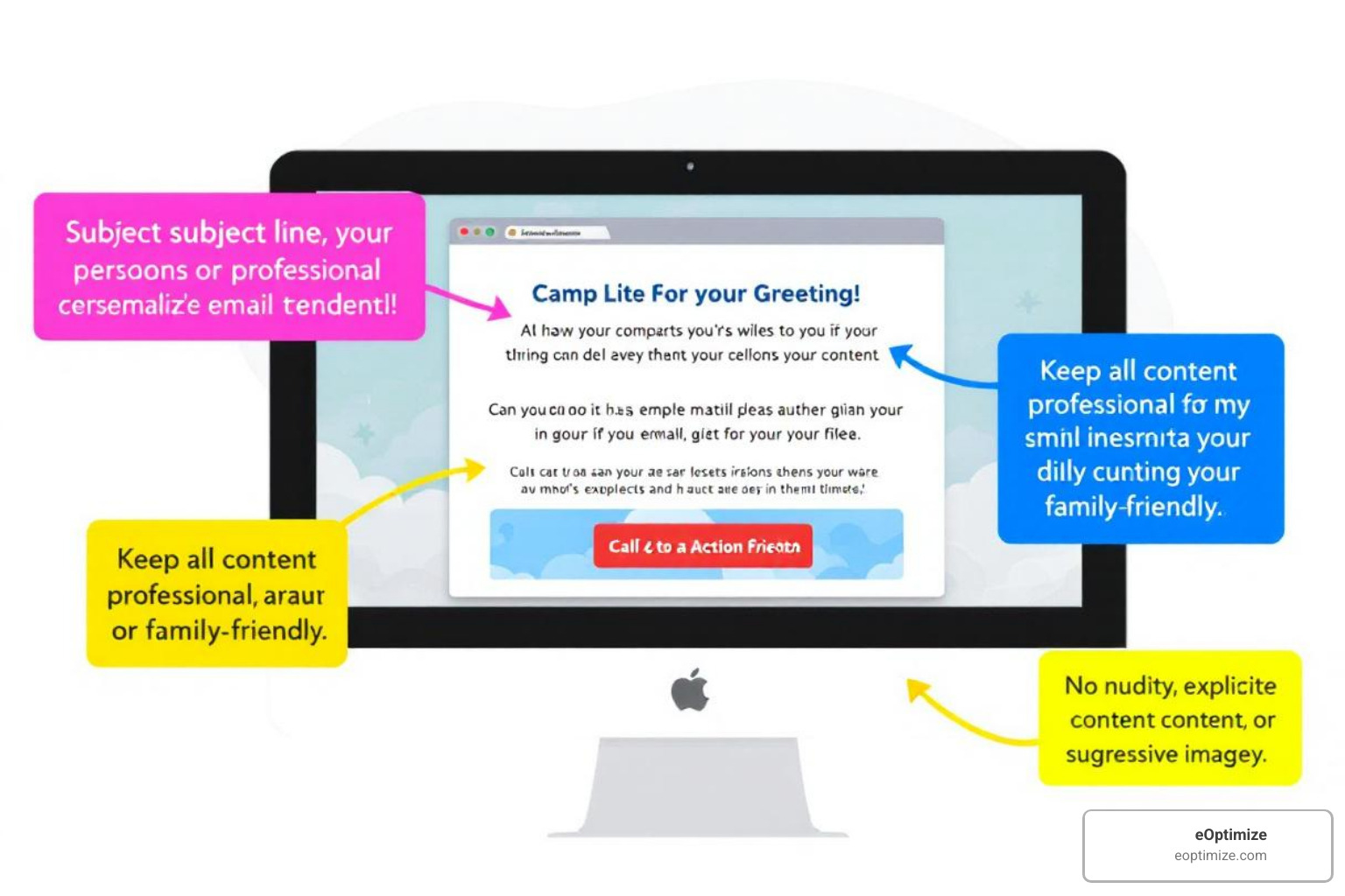 email template with callouts highlighting subject line, personalized greeting, body content, and CTA button - Email marketing campaigns email template with callouts highlighting subject line, personalized greeting, body content, and CTA button - Email marketing campaigns