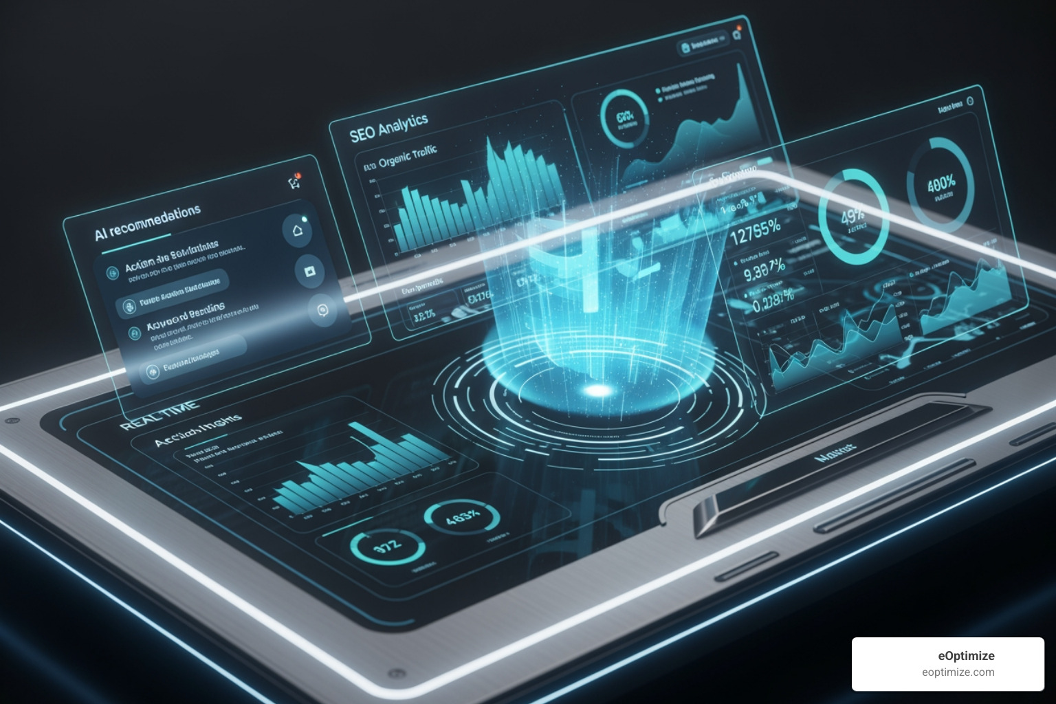 Futuristic dashboard showing AI-driven SEO analytics - AI search engine optimization