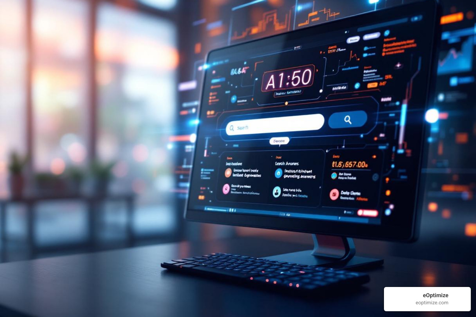 A futuristic search interface showing AI-generated answers - AI SEO best practices