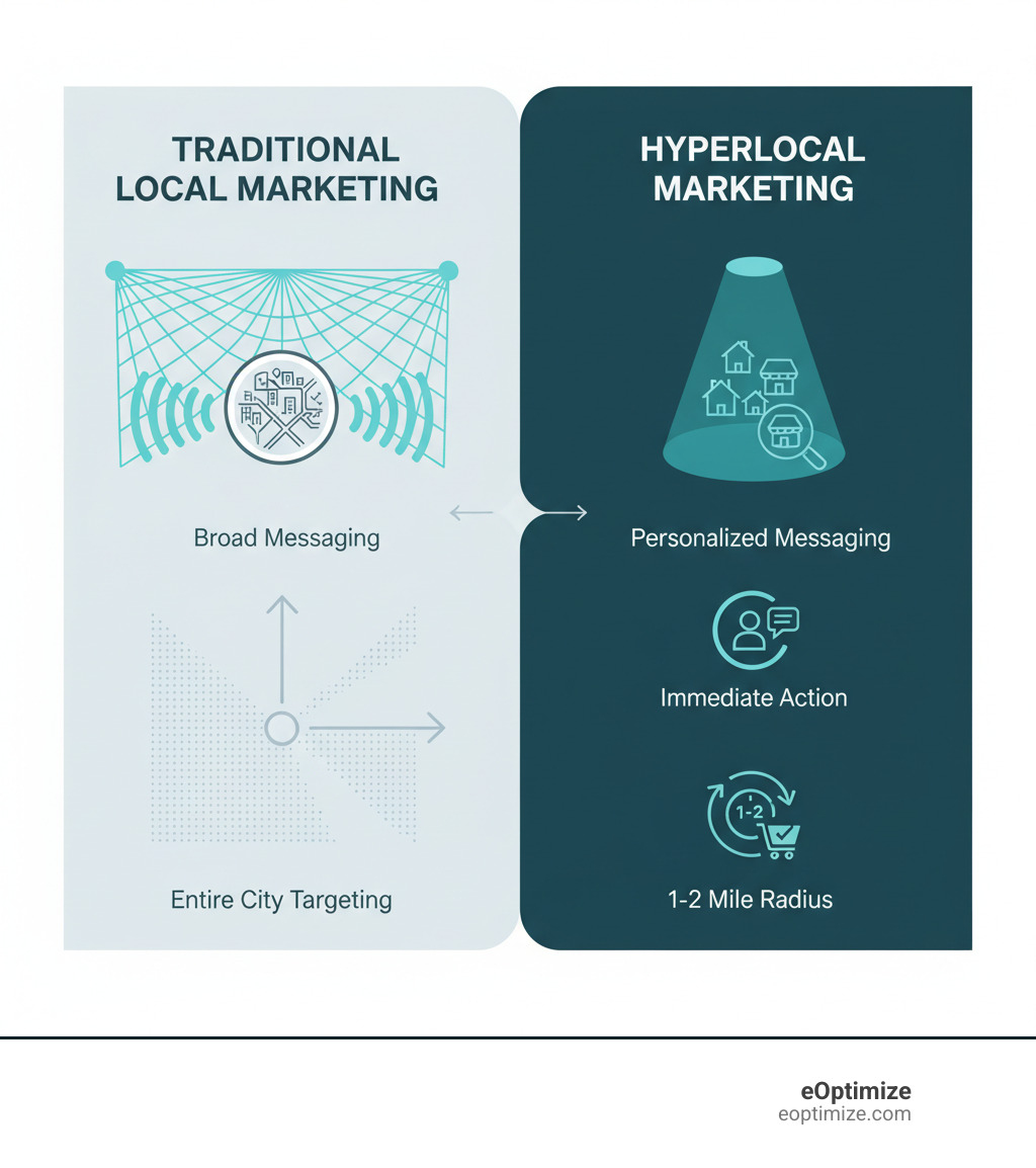 Infographic showing the difference between traditional local marketing (targeting entire city with broad messaging) versus hyperlocal marketing (targeting specific 1-2 mile radius with personalized, neighborhood-specific messaging and immediate calls-to-action) - Hyperlocal marketing strategy infographic Infographic showing the difference between traditional local marketing (targeting entire city with broad messaging) versus hyperlocal marketing (targeting specific 1-2 mile radius with personalized, neighborhood-specific messaging and immediate calls-to-action) - Hyperlocal marketing strategy infographic