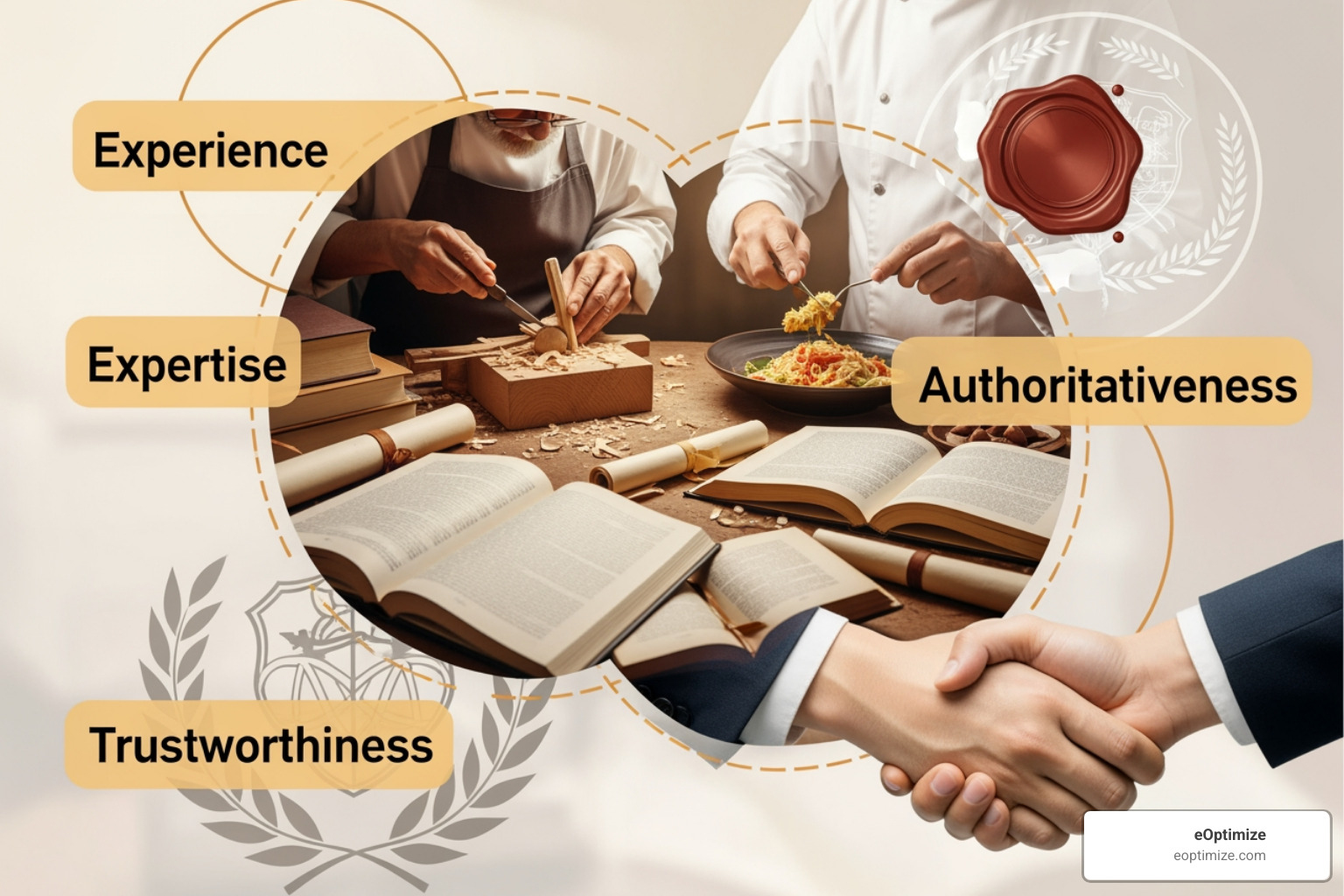 illustrating the components of E-E-A-T (Experience, Expertise, Authoritativeness, Trustworthiness) - Optimizing for AI Overviews illustrating the components of E-E-A-T (Experience, Expertise, Authoritativeness, Trustworthiness) - Optimizing for AI Overviews