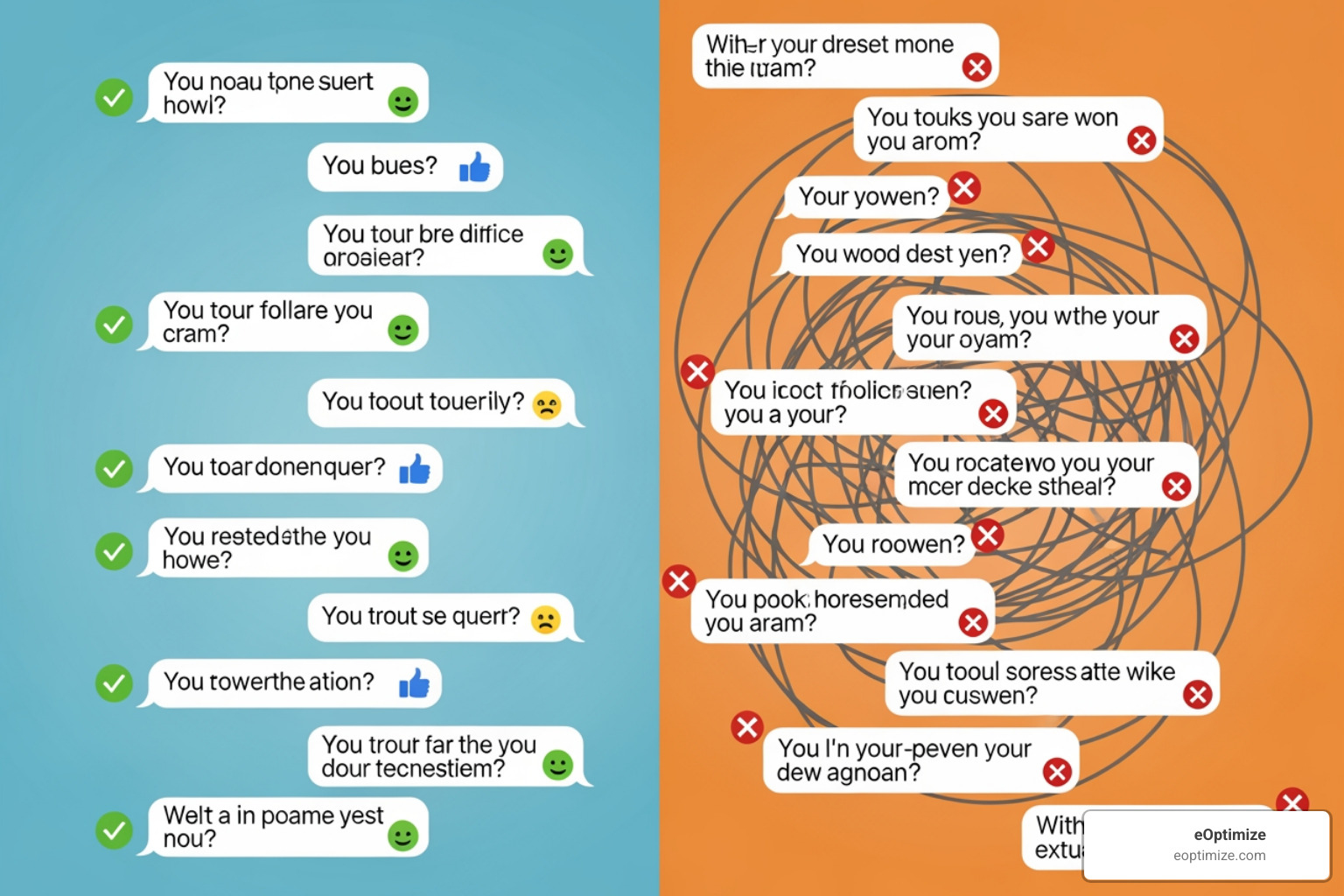 Image illustrating a smooth vs. a broken chatbot conversation flow - AI chatbot optimization