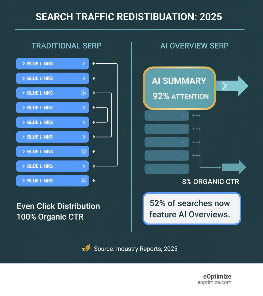Infographic comparing Traditional SERP vs AI Overview-dominant SERP showing traffic distribution: Traditional SERP with 10 blue links receiving even click distribution vs AI Overview SERP where the AI summary receives majority attention and only 8% CTR goes to organic results below, with 52% of searches now featuring AI Overviews - Niche-Specific AI Overviews Optimization infographic 
