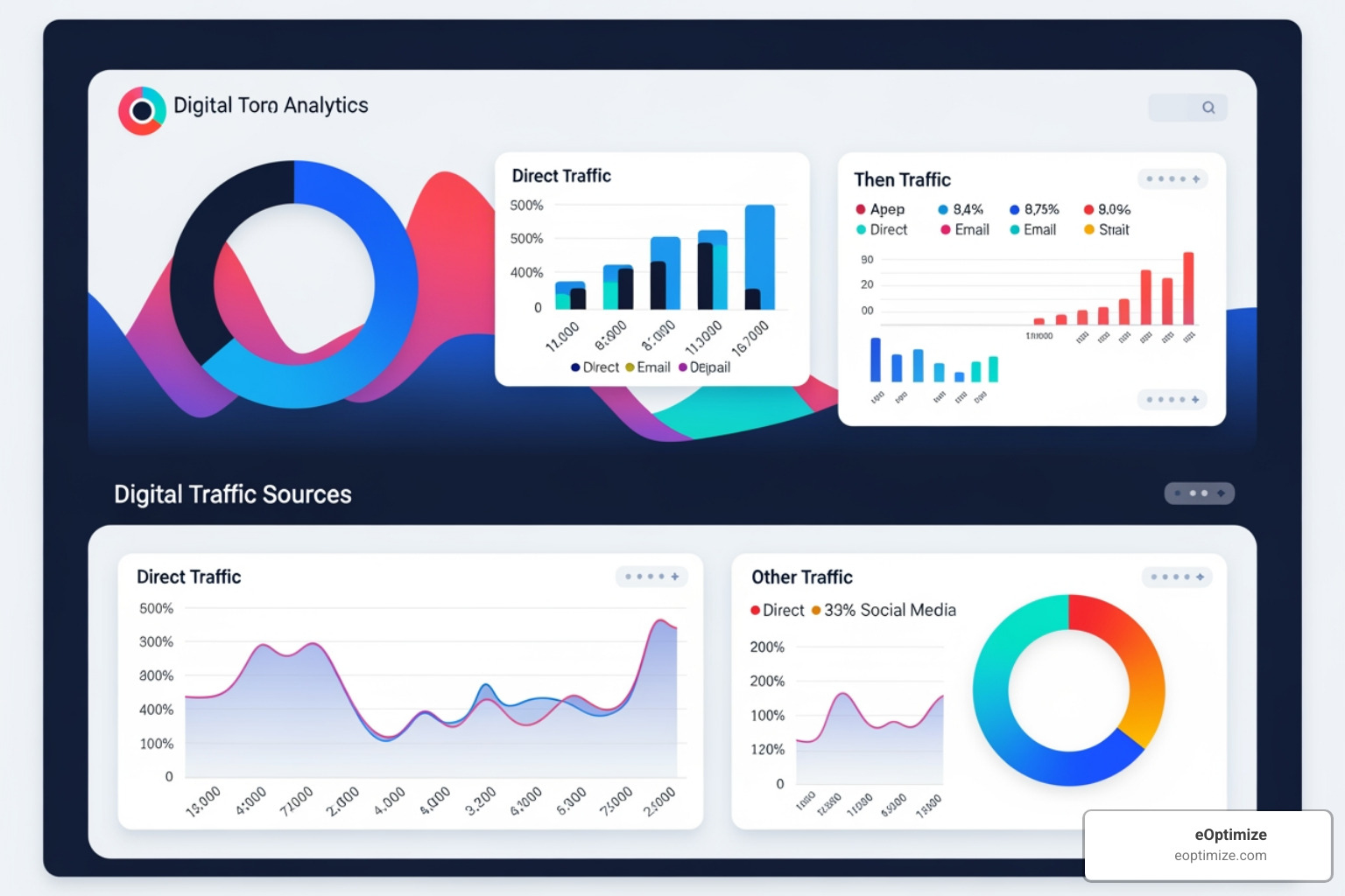 Dashboard showing diverse traffic sources beyond organic search (direct, email, social) - Niche-Specific AI Overviews Optimization