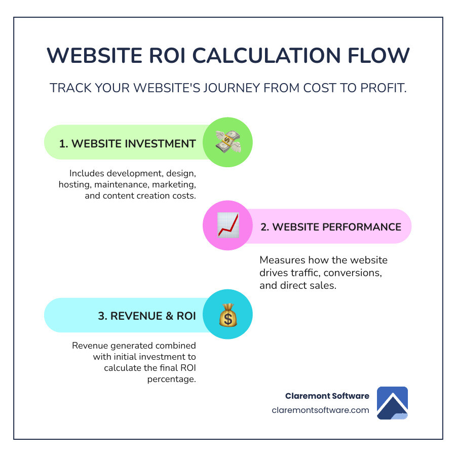 Infographic showing the website ROI calculation flow: Website Investment (Development + Hosting + Marketing + Content) flows to Website Performance (Traffic + Conversions + Sales) flows to Revenue Generated, which combines with initial Investment to calculate ROI Percentage - calculate website roi infographic infographic-line-3-steps-colors Infographic showing the website ROI calculation flow: Website Investment (Development + Hosting + Marketing + Content) flows to Website Performance (Traffic + Conversions + Sales) flows to Revenue Generated, which combines with initial Investment to calculate ROI Percentage - calculate website roi infographic infographic-line-3-steps-colors