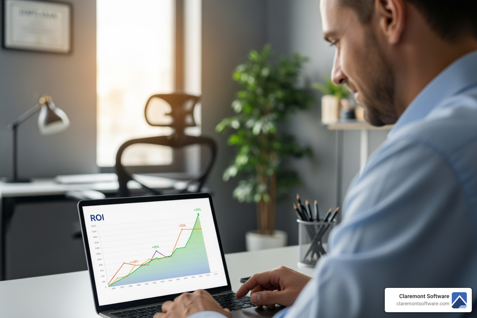 small business owner looking at a graph showing positive ROI - calculate website roi small business owner looking at a graph showing positive ROI - calculate website roi