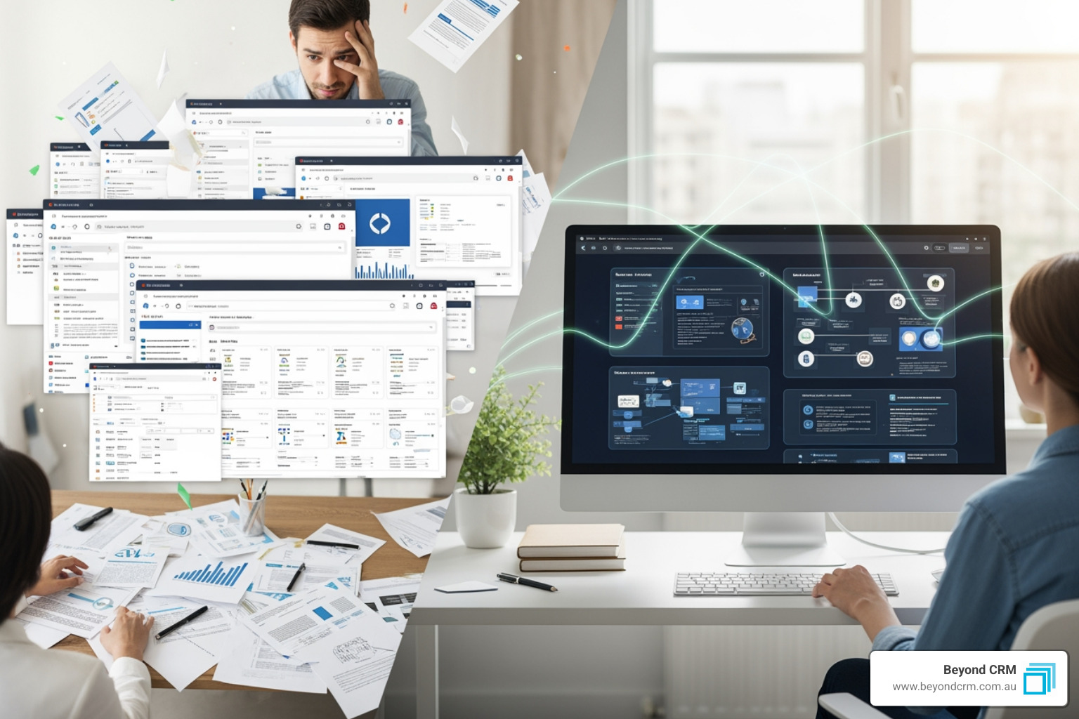 Split-screen image showing a chaotic workspace on the left with multiple open browser windows, scattered papers, and a stressed person, contrasting with a tidy desk on the right where a person is using a single, organised CRM dashboard on a computer.
