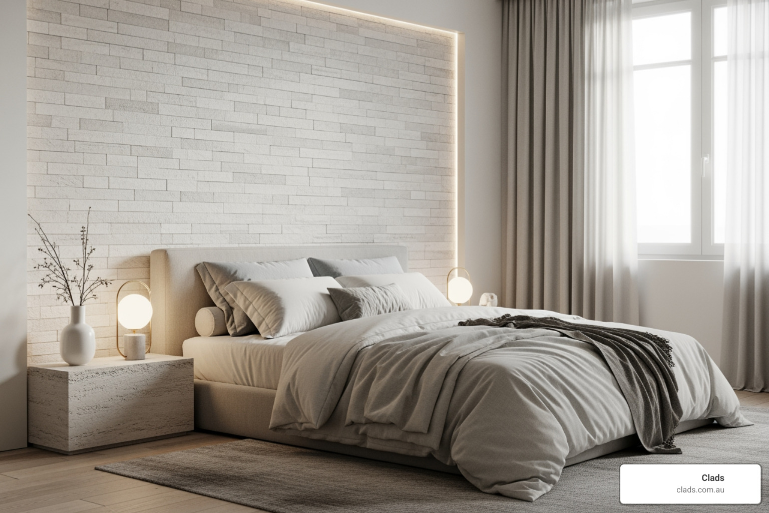 Serene modern master bedroom featuring a full headboard wall installed with white stacked stone wall panels interior and warm ambient lighting