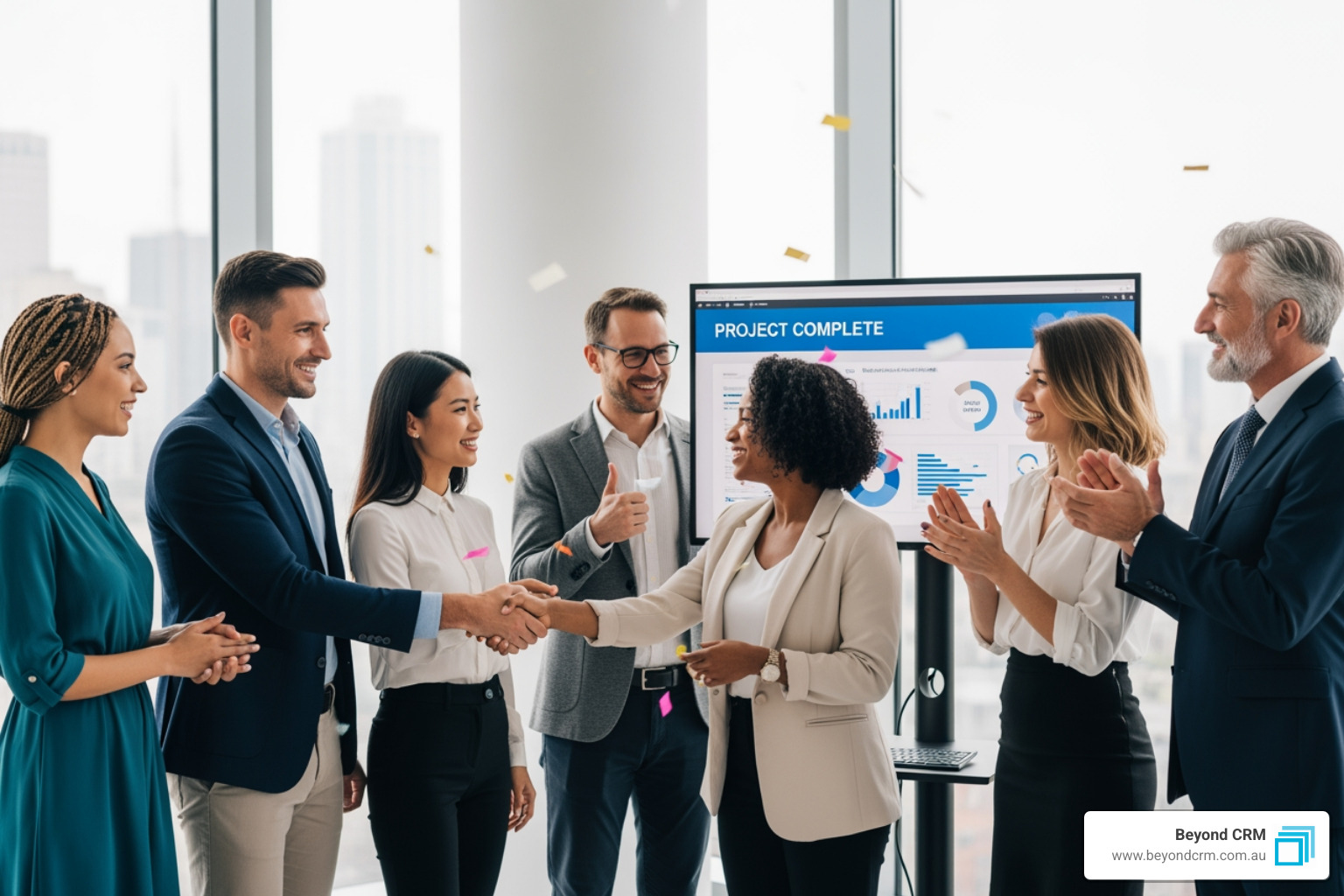 A business team celebrating success after implementing CRM - membership crm