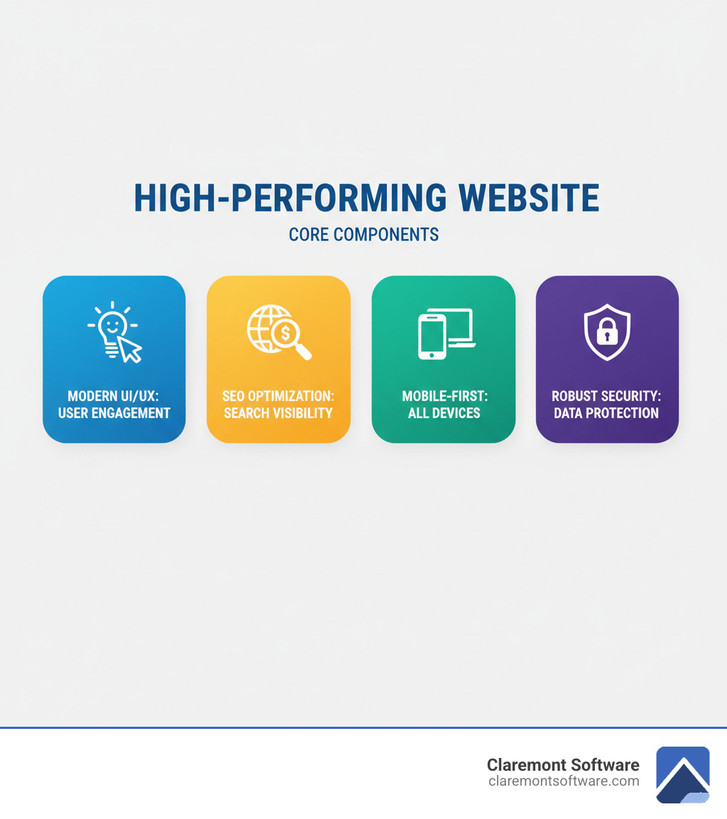infographic showing the four core components of a high-performing website: modern UI/UX design for user engagement, SEO optimization for search visibility, mobile-first responsive layout for all devices, and robust security for data protection - professional website design & development company in Illinois infographic infographic showing the four core components of a high-performing website: modern UI/UX design for user engagement, SEO optimization for search visibility, mobile-first responsive layout for all devices, and robust security for data protection - professional website design & development company in Illinois infographic