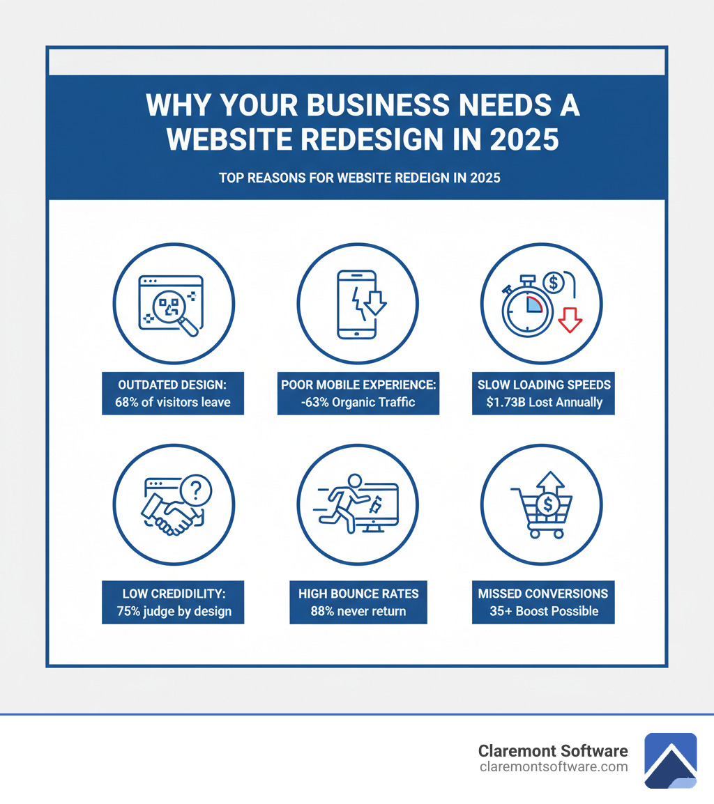 Infographic showing the top reasons businesses need website redesign in 2025: outdated design costing 68% of visitors, poor mobile experience losing 63% of organic traffic, slow loading speeds hemorrhaging $1.73B annually, low credibility with 75% judging based on design, high bounce rates with 88% never returning after bad experience, and missed conversions with average 35%+ boost possible after redesign - website redesign services infographic Infographic showing the top reasons businesses need website redesign in 2025: outdated design costing 68% of visitors, poor mobile experience losing 63% of organic traffic, slow loading speeds hemorrhaging $1.73B annually, low credibility with 75% judging based on design, high bounce rates with 88% never returning after bad experience, and missed conversions with average 35%+ boost possible after redesign - website redesign services infographic