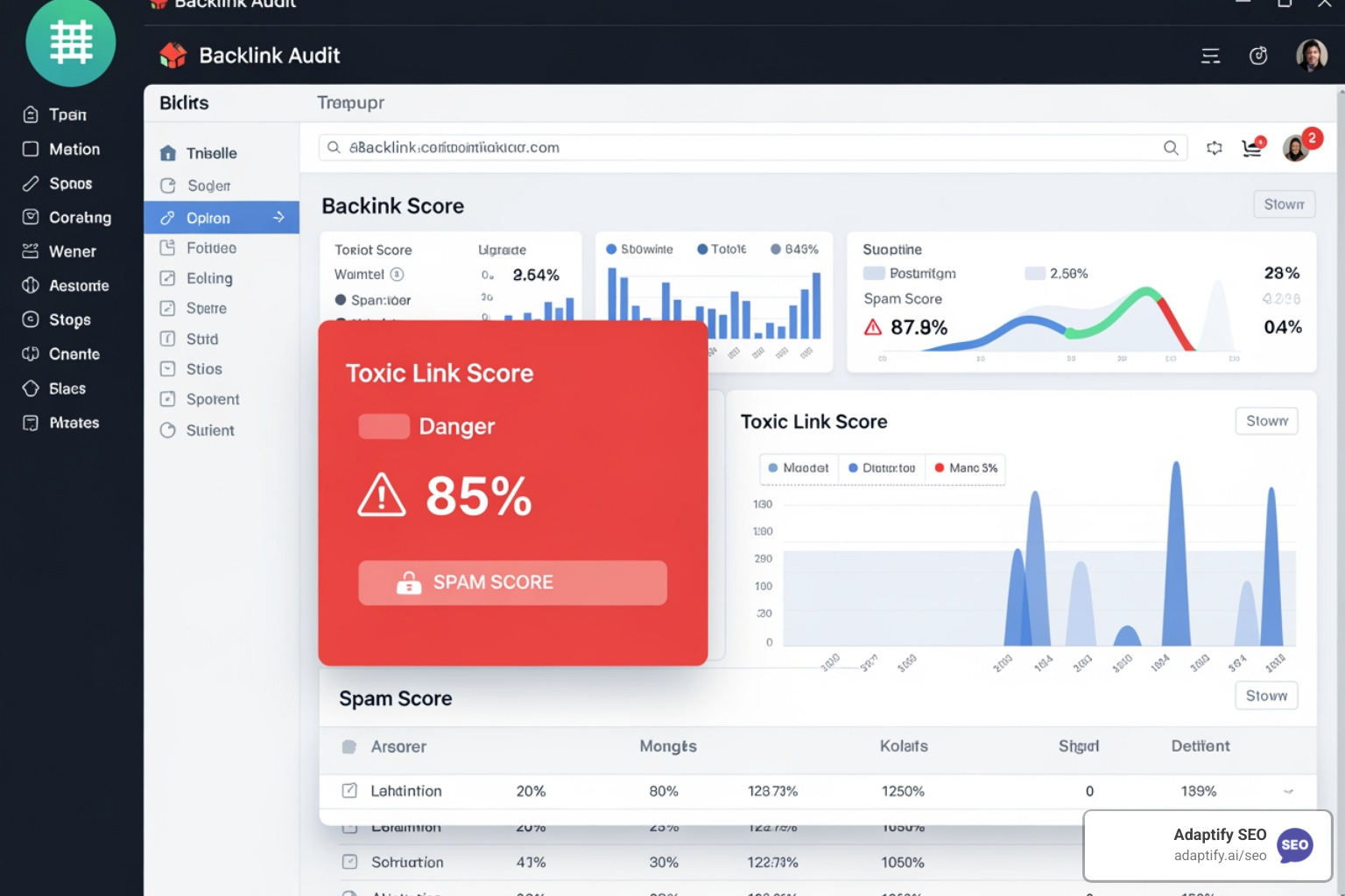 Backlink audit tool dashboard showing a toxic link score - High Quality Backlinks