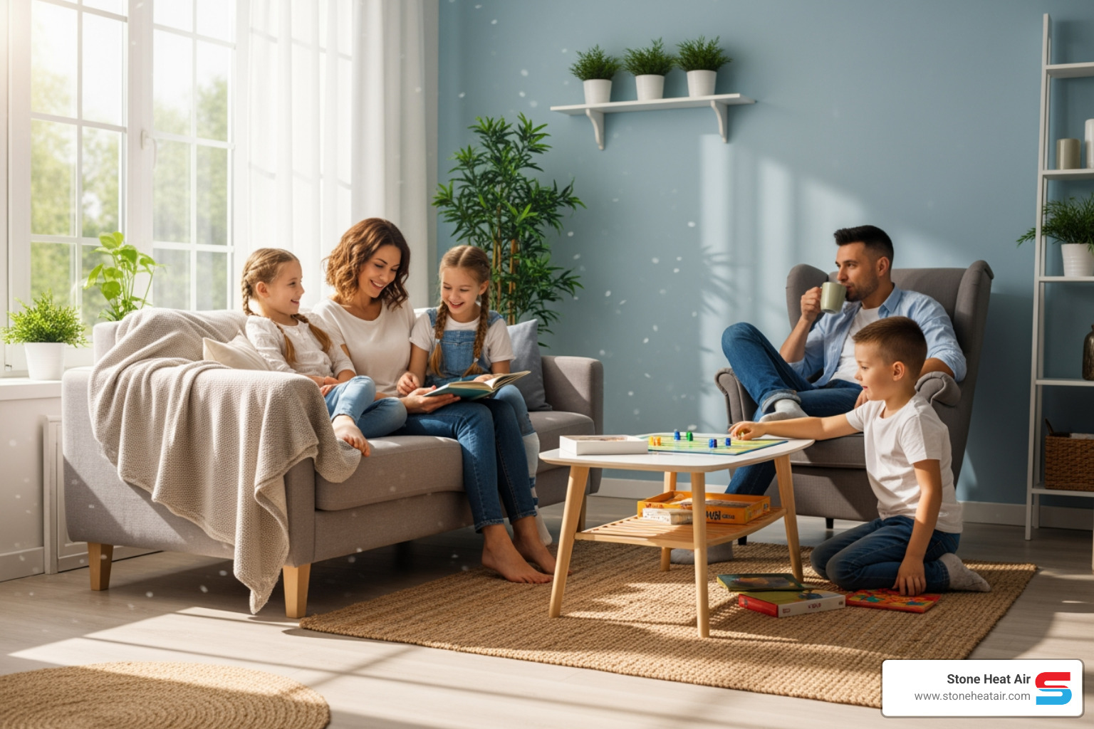A happy family enjoying clean air in their comfortable home, with sunlight streaming through a window - best duct cleaning company in applegate or