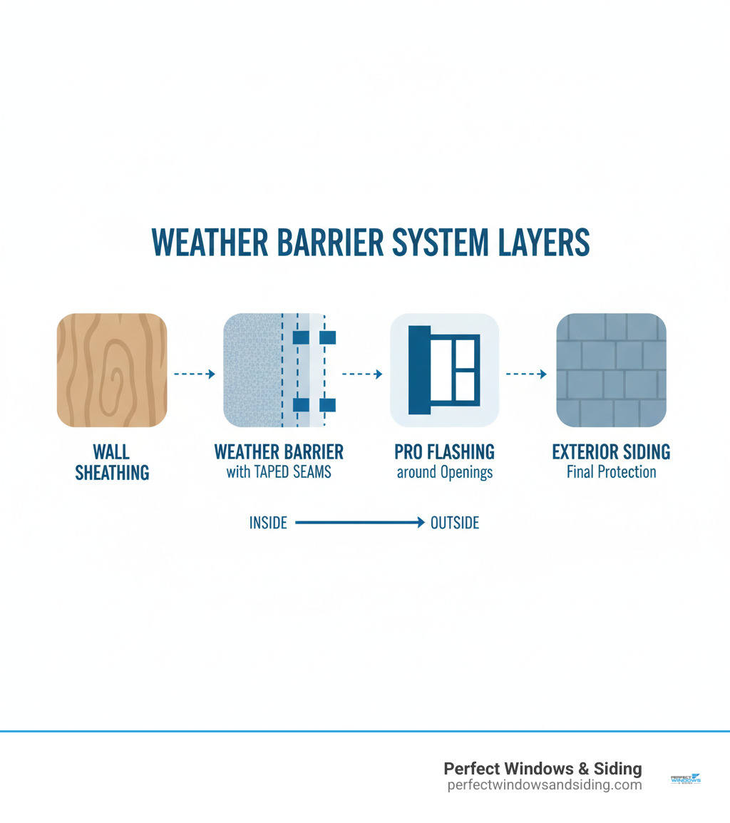Infographic showing the layers of a complete weather barrier system from inside to outside: wall sheathing, HardieWrap Weather Barrier housewrap with taped seams using HardieWrap Seam Tape, HardieWrap Pro-Flashing around window and door openings, and exterior siding as the final protective layer - hardiewrap pro flashing infographic 