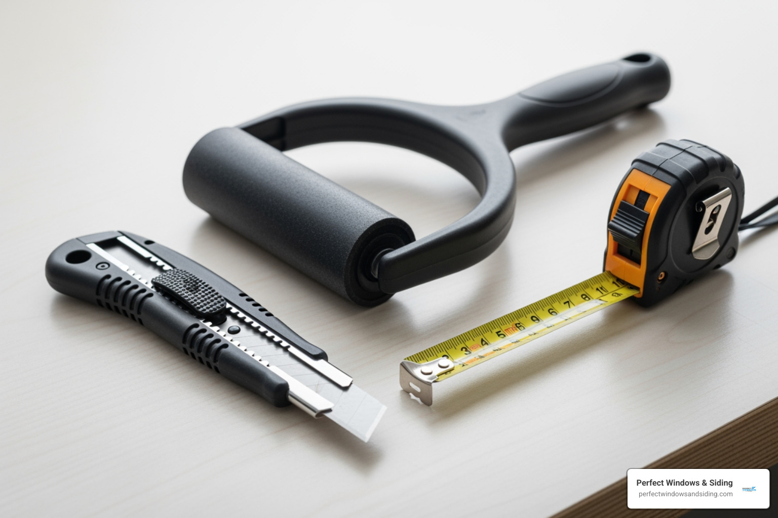 Tools for flashing installation including a utility knife, J-roller, and measuring tape - hardiewrap pro flashing