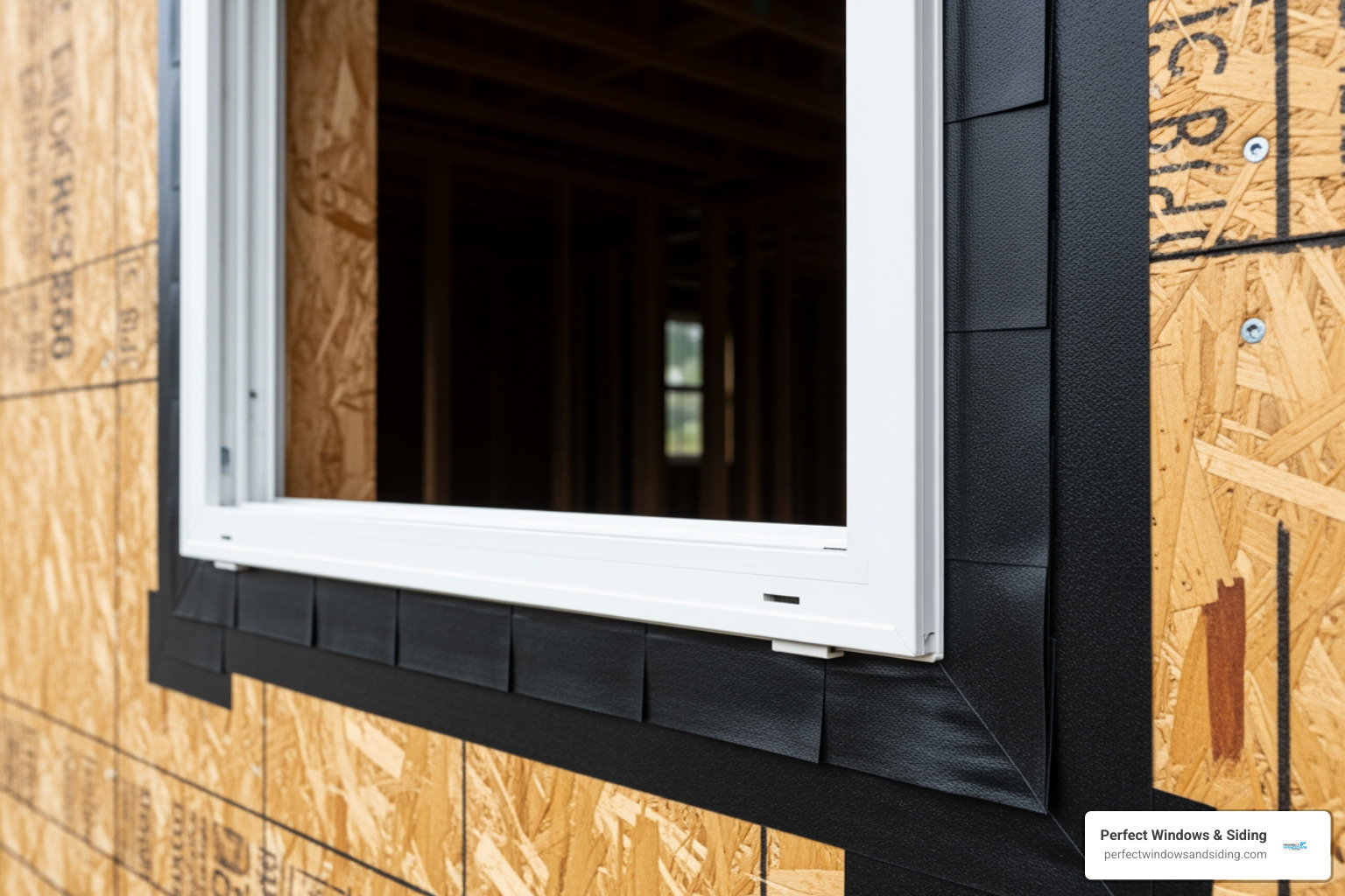 A perfectly flashed and sealed window opening, ready for siding installation, showcasing the meticulous application of flashing tape - hardiewrap pro flashing