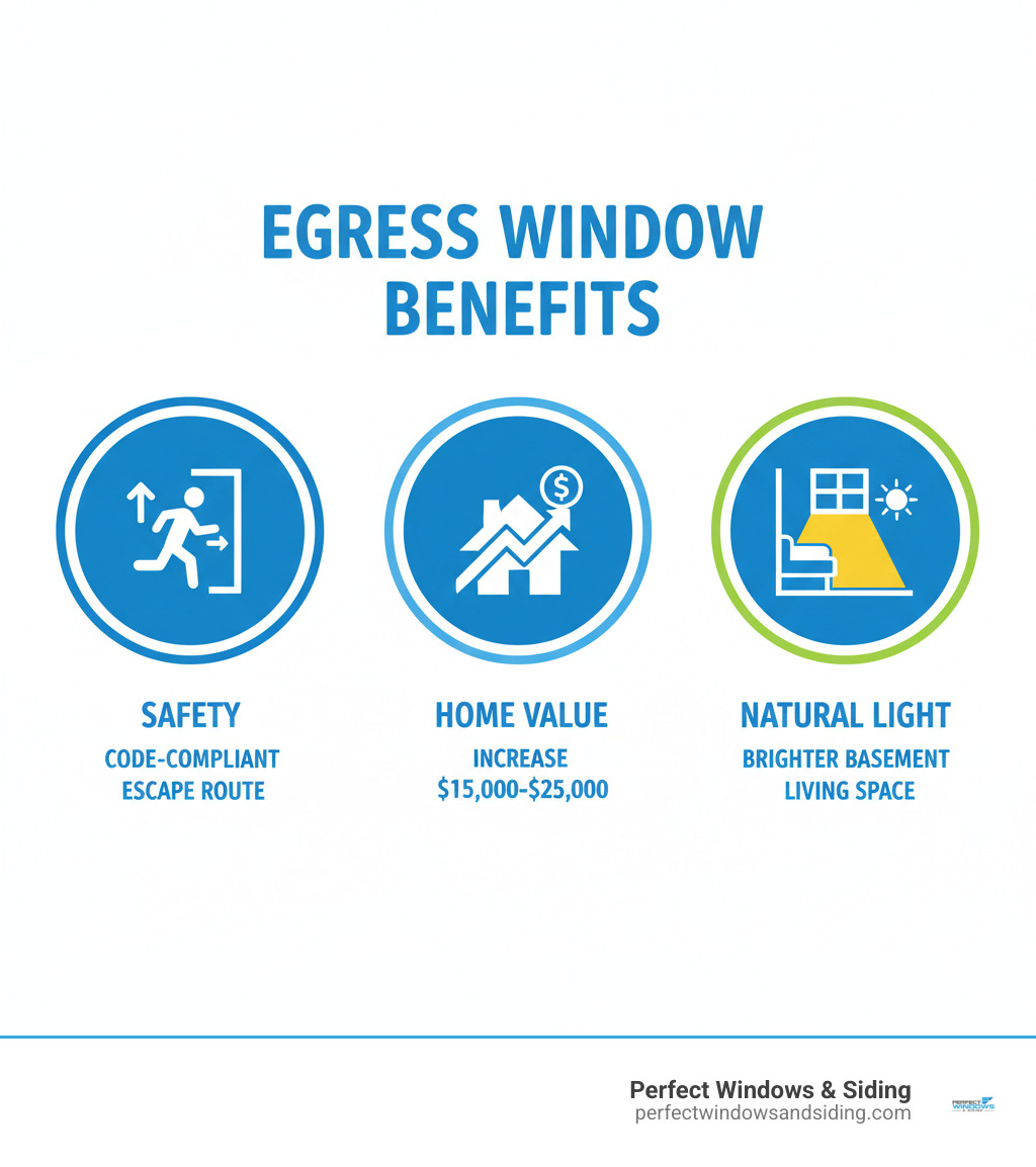 Infographic showing three main benefits of egress windows: Safety icon with emergency exit arrow showing code-compliant escape route, Home Value icon with upward trending arrow showing $15,000-$25,000 increase in resale value, and Natural Light icon with sun rays showing transformation of dark basement into bright living space - Egress window installation infographic Infographic showing three main benefits of egress windows: Safety icon with emergency exit arrow showing code-compliant escape route, Home Value icon with upward trending arrow showing $15,000-$25,000 increase in resale value, and Natural Light icon with sun rays showing transformation of dark basement into bright living space - Egress window installation infographic