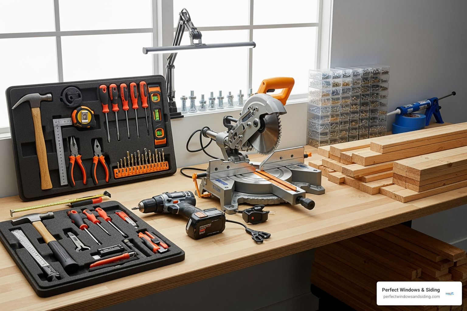 A neatly organized workspace with various hand tools, power tools, and building materials for a home improvement project. - exterior window sill replacement A neatly organized workspace with various hand tools, power tools, and building materials for a home improvement project. - exterior window sill replacement