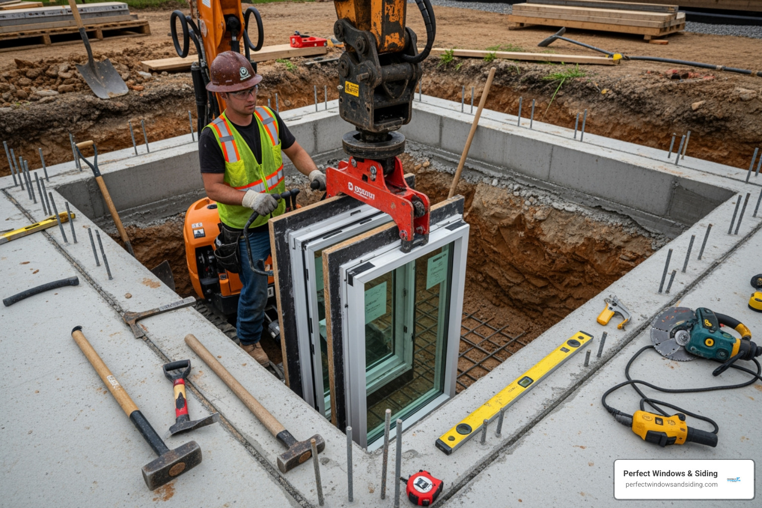 professional installer using specialized equipment - Egress window installation professional installer using specialized equipment - Egress window installation