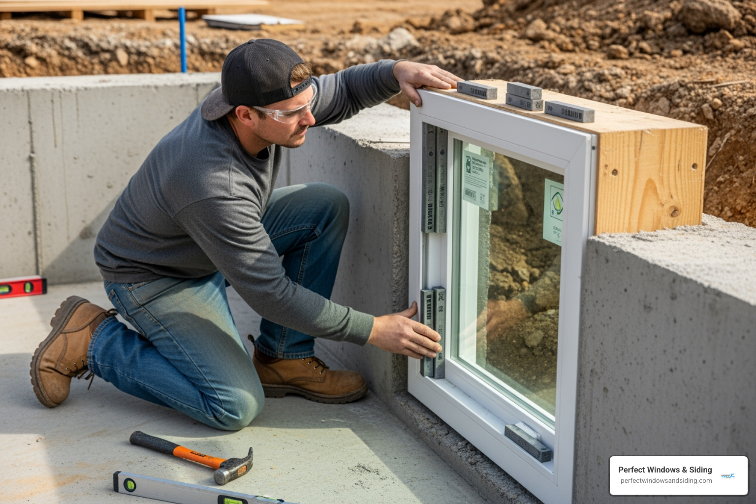 window being shimmed and secured in opening - Egress window installation window being shimmed and secured in opening - Egress window installation