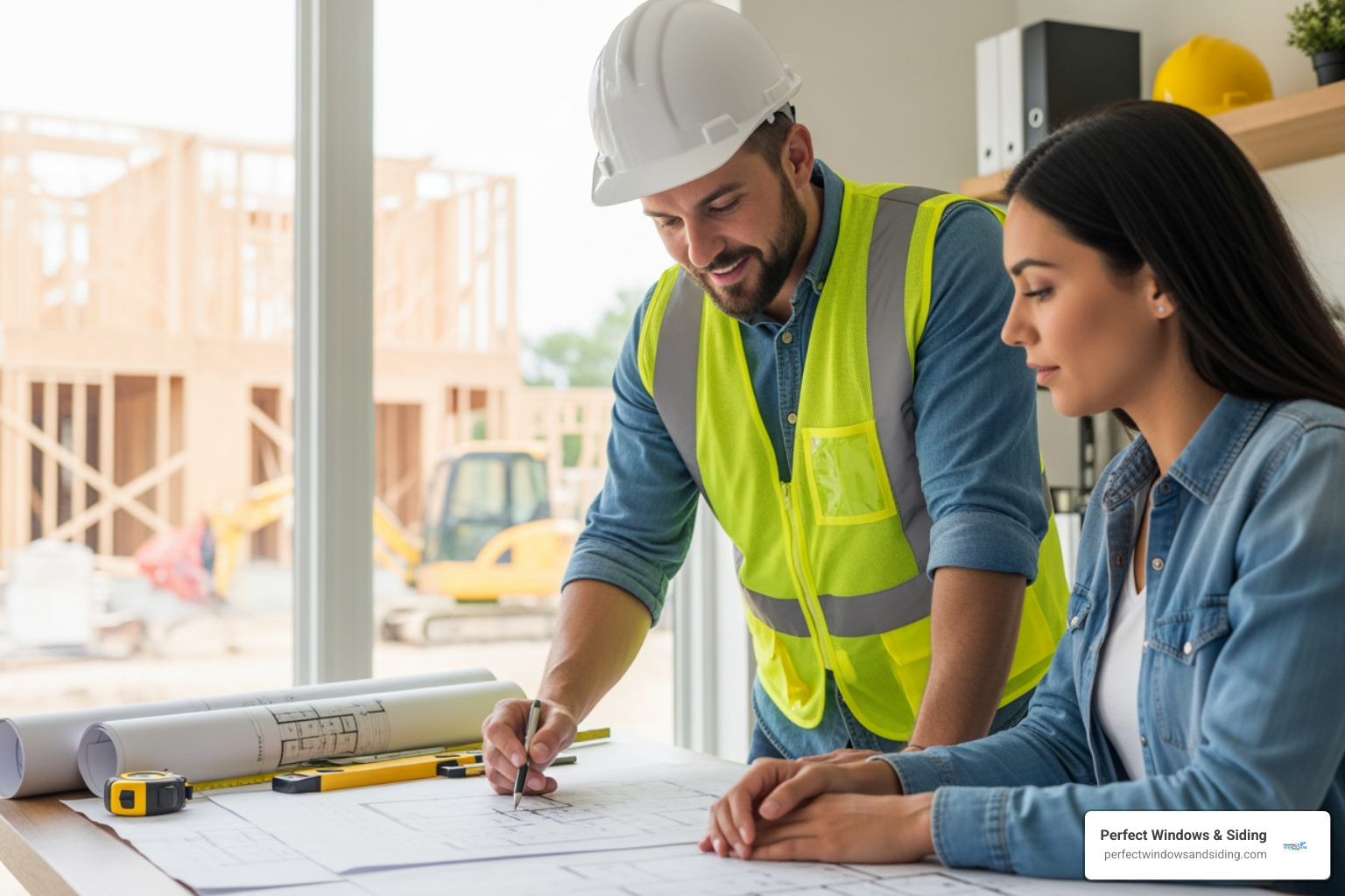 contractor reviewing blueprints with homeowner - egress window installation near me
