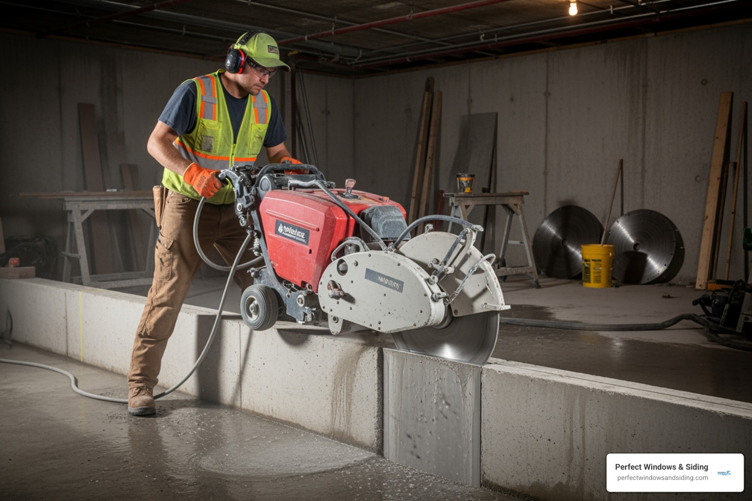 professional contractor cutting a precise opening in a concrete foundation for an egress window - egress window installation near me