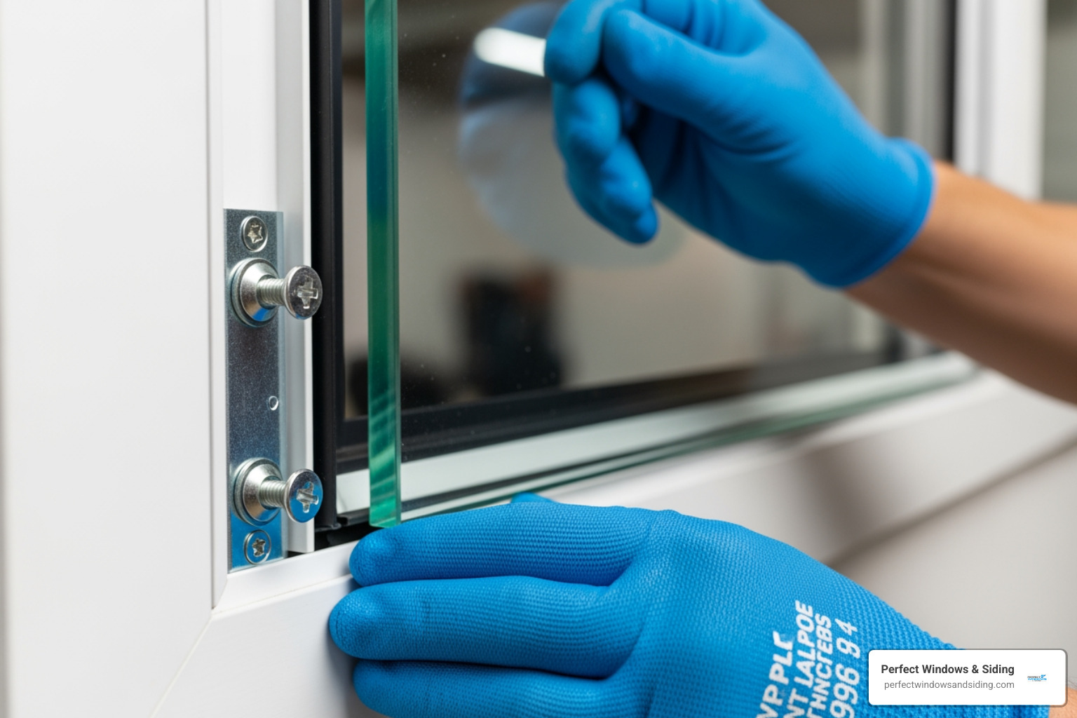 A close-up image of a person wearing blue safety gloves carefully placing a new clear glass pane into a white garage door window frame, with the frame partially secured by screws - garage window replacement A close-up image of a person wearing blue safety gloves carefully placing a new clear glass pane into a white garage door window frame, with the frame partially secured by screws - garage window replacement