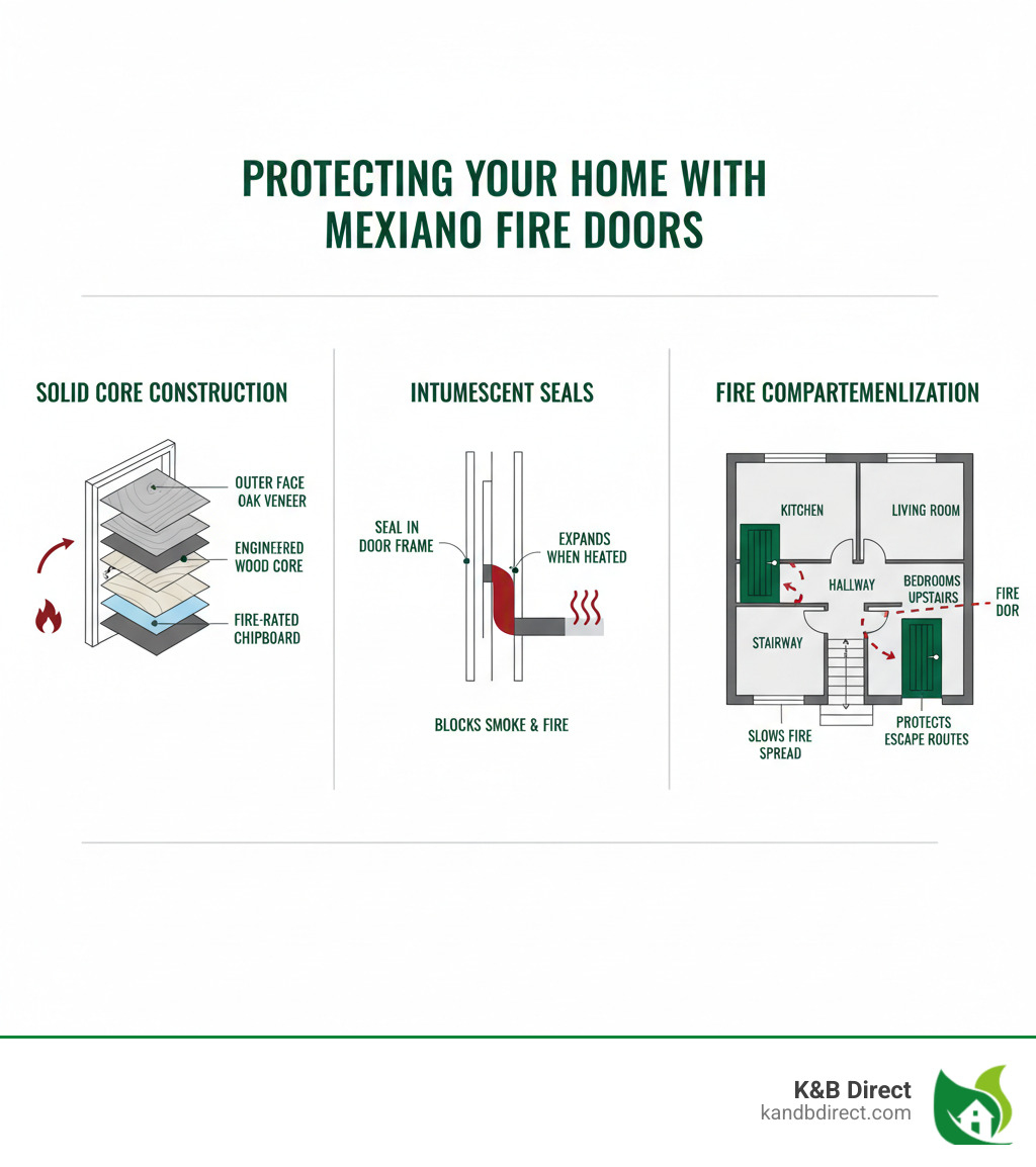 Infographic showing how a Mexicano fire door protects your home: displays cross-section of solid core construction, intumescent seals that expand when heated to seal gaps, and a floor plan diagram illustrating fire compartmentalization with fire doors installed at key locations like stairways and between kitchen and hallway to slow fire spread and protect escape routes - mexicano fire door infographic 