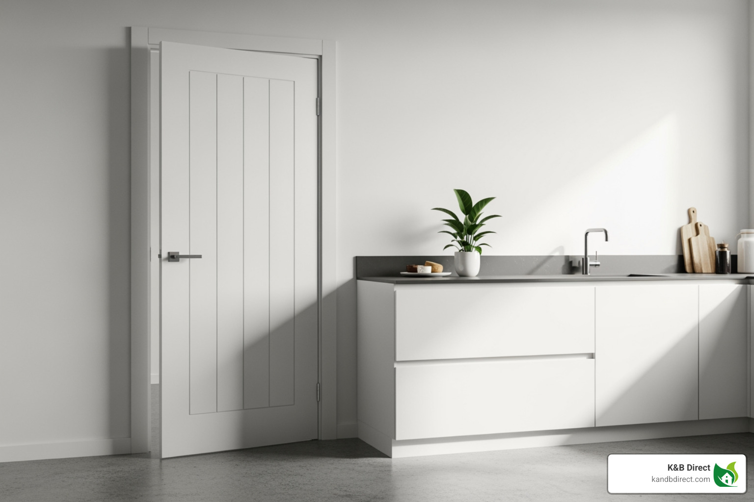 image of a white primed Mexicano fire door in a minimalist kitchen - mexicano fire door