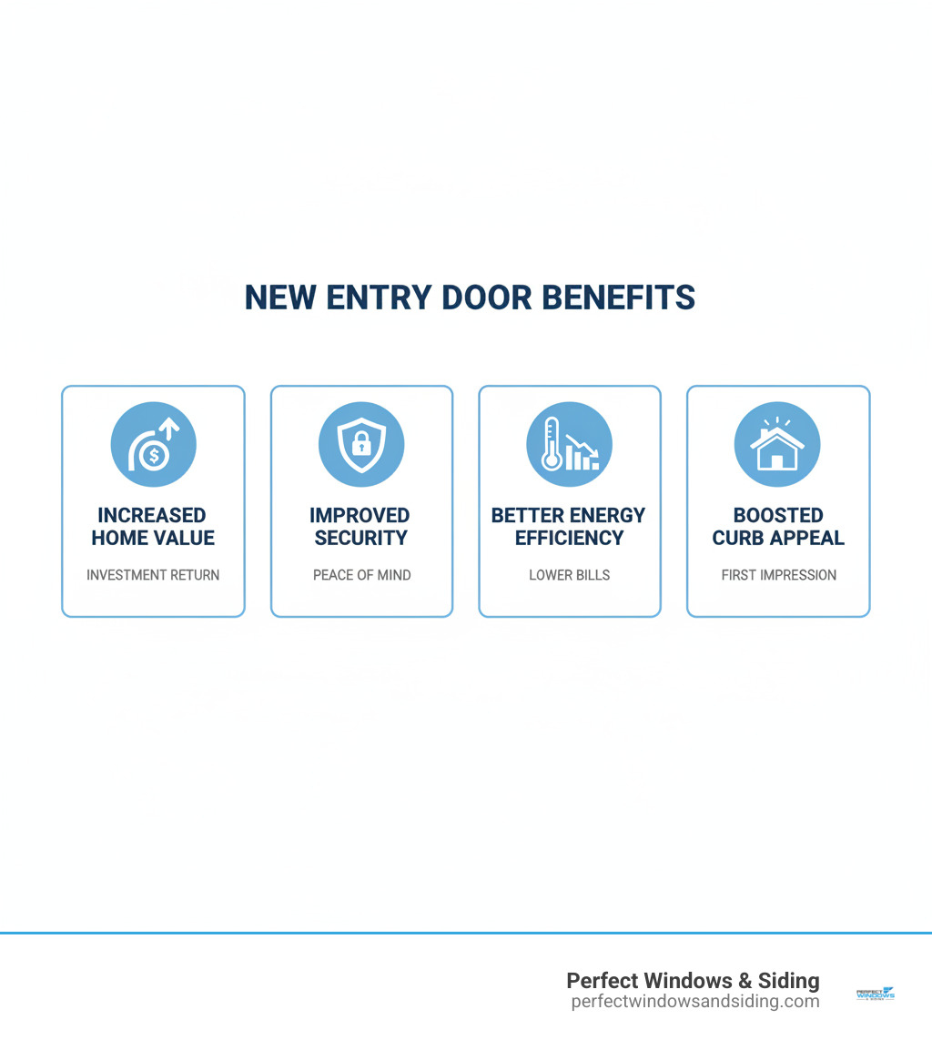 Infographic showing the four key benefits of a new entry door: Increased Home Value with upward arrow and dollar sign, Improved Security with shield icon and lock, Better Energy Efficiency with thermometer and decreasing utility bills graph, and Boosted Curb Appeal with house facade and positive impression symbols - New entry door infographic 