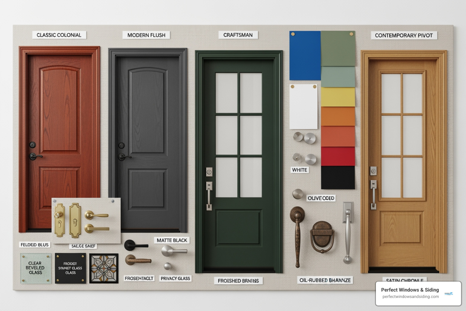 mood board showing different door styles, colors, and hardware finishes - New entry door